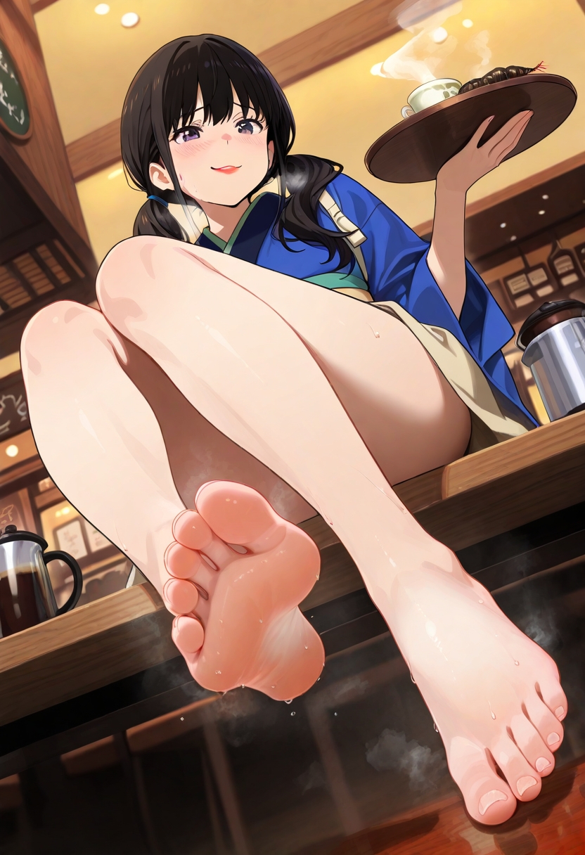aetera, ai generated, bare legs, barefoot, blue kimono, blush, cafe, female, female only, foot fetish, foot focus, from below, inoue takina, kimono, lycoris recoil, red lipstick, sole female, sweat, sweaty feet, tray, twintails