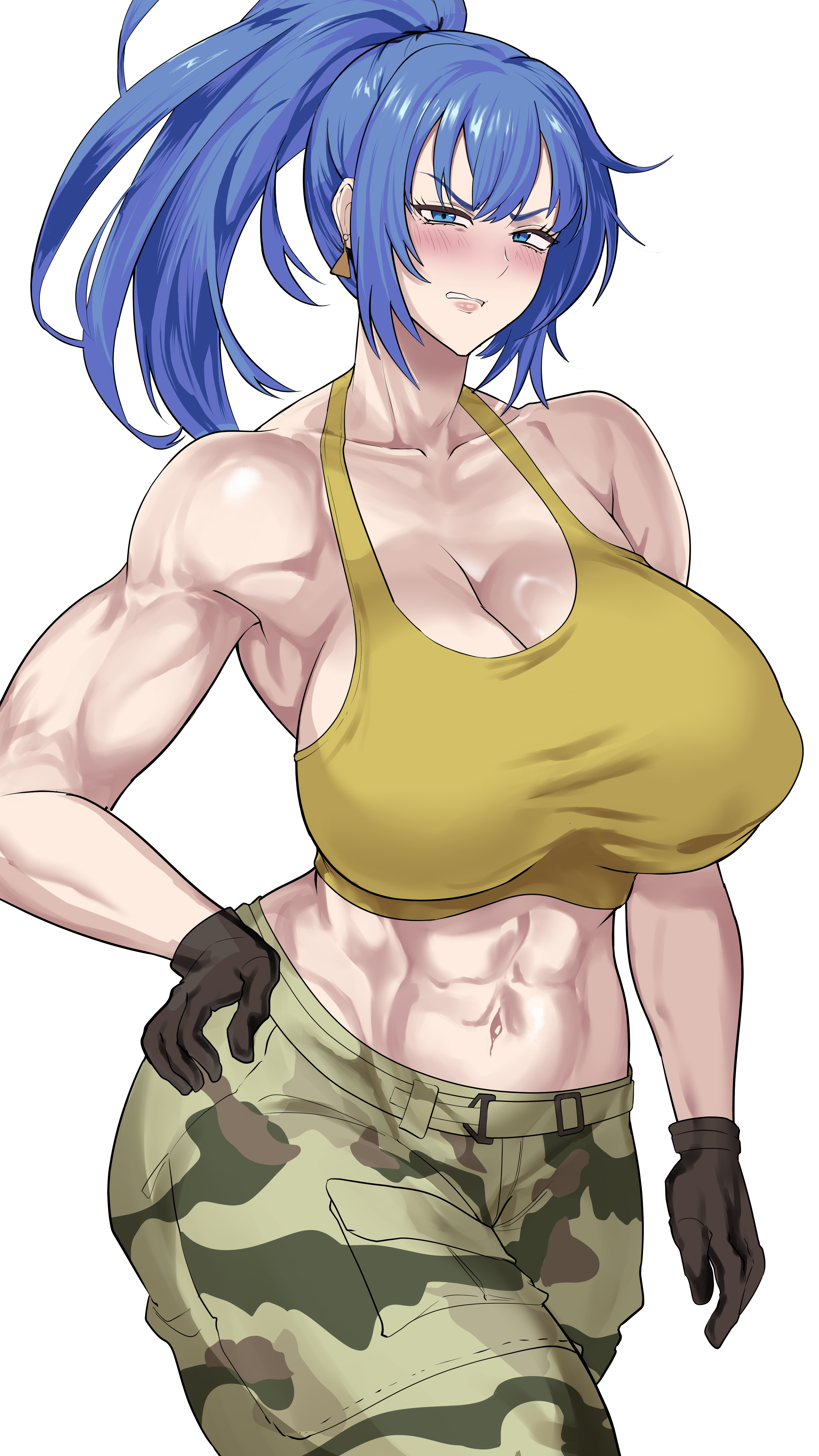 1girls, abs, absurdres, bare shoulders, blue eyes, blue hair, breasts, camouflage, camouflage pants, cleavage, crop top, earrings, female focus, highres, jewelry, king of fighters, large breasts, leona heidern, matching hair/eyes, muscular, muscular female, pants, parted lips, ponytail, sato one1, sleeveless, snk, solo, tank top, teeth, the king of fighters, the king of fighters xv, triangle earrings, yellow tank top