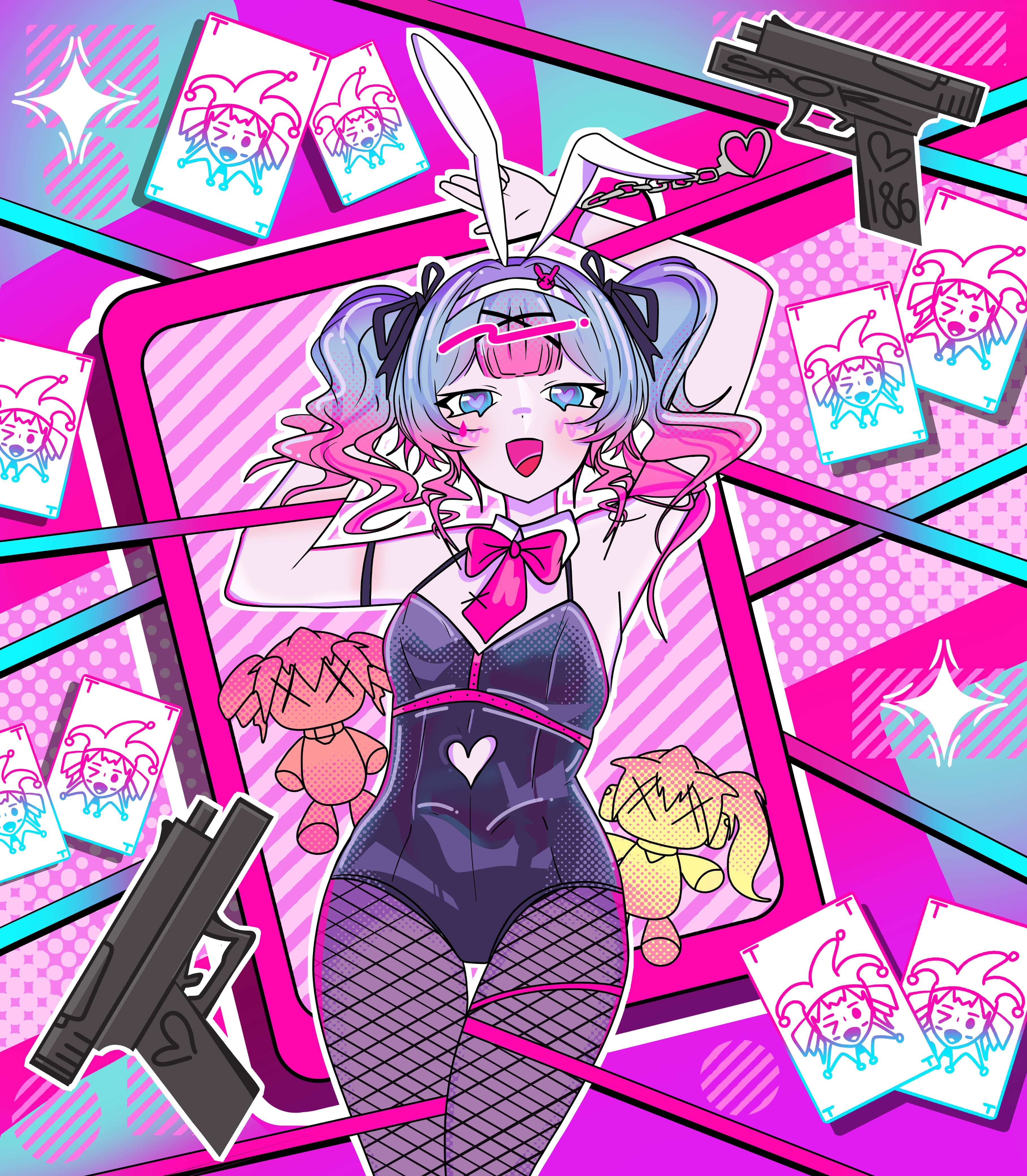 1girl, animal ears, arms up, bangs, blue eyes, blue hair, blush, bow, detached collar, fake animal ears, fishnet pantyhose, fishnets, gradient hair, gun, handgun, hatsune miku, heart, leotard, looking at viewer, miku, multicolored hair, open mouth, pantyhose, pink hair, playboy bunny, rabbit ears, rabbit hole (vocaloid), ribbon, saor186, smile, solo, twintails, weapon