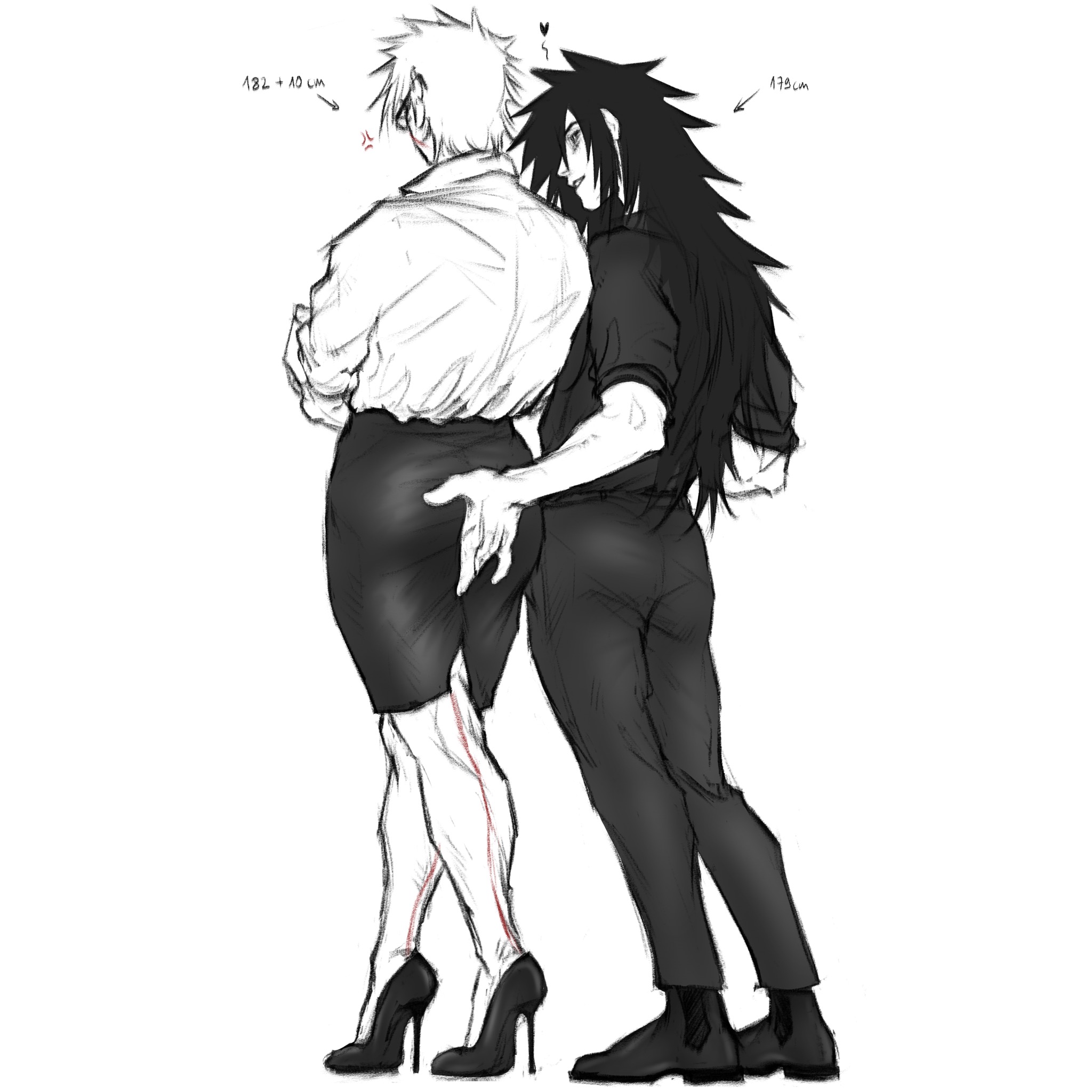 2boys, 2d, absurd res, absurdres, angry, angry expression, ass, ass grab, back muscles, big ass, big butt, black and white, black hair, butt, clothed, clothed male, clothing, collared shirt, crossdressing, crossdressing male, footwear, fully clothed, gay, glasses, grope, groping, groping ass, groping from behind, heels, height difference, hi res, high heels, high resolution, highres, long hair, looking at partner, madara uchiha, male, male only, male/male, manly crossdresser, masculine crossdresser, monochrome, muscular, muscular male, naruto, naruto (series), naruto shippuden, no sex, no visible genitalia, non-nude, office clothing, pumps, raisinbunn, roleplay, secretary, secretary outfit, senju tobirama, shirt, shoes, shonen jump, short hair, short skirt, shounen jump, shueisha, skirt, spiky hair, standing, stiletto heels, tight skirt, tobirama senju, uchiha madara, very high resolution, weekly shonen jump, weekly shounen jump, white background, white shirt, yaoi
