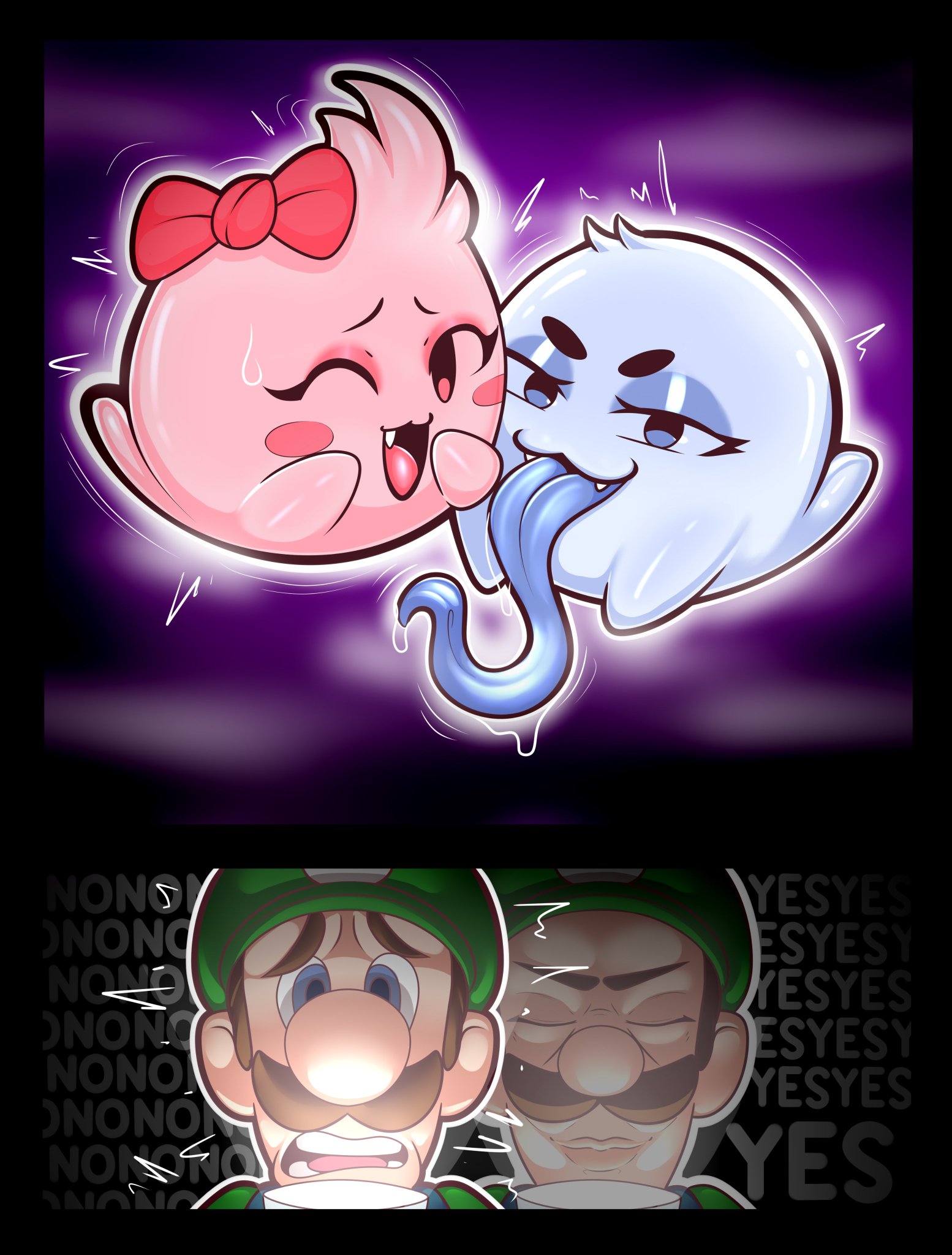 1boy, 2025, 2girls, antojadorvrd, blue body, blue eyes, boo (mario), brown hair, closed eyes, dialogue, eyelashes, facial hair, female, flashlight, ghost, green hat, green shirt, hat, holding flashlight, light skin, light-skinned male, long tongue, looking at viewer, luigi, luigi's mansion, male, mario (series), nintendo, open mouth, part 1, pink body, scared, scared expression, seductive, seductive smile, shivering, tongue, tongue out