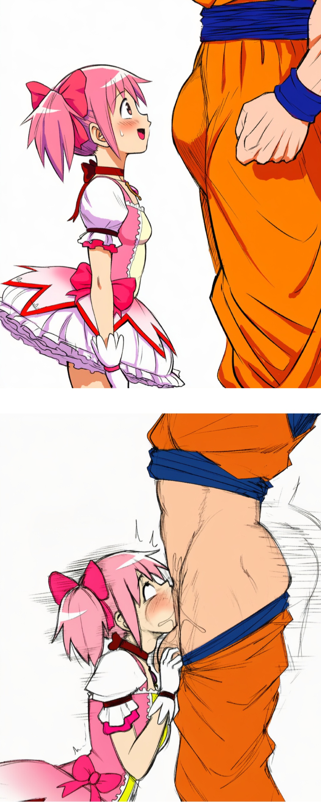 ai assisted, ai generated, bulge, crossover, crossover pairing, deepthroat, defeated, defeated heroine, defeated with sex, dragon ball, face fucking, forced oral, instant loss 2koma, madoka kaname, magical girl, mahou shoujo madoka magica, multiple images, oral, oral penetration, petite, simple background, size difference, sketchy, son goku, straight, throat fuck, white background