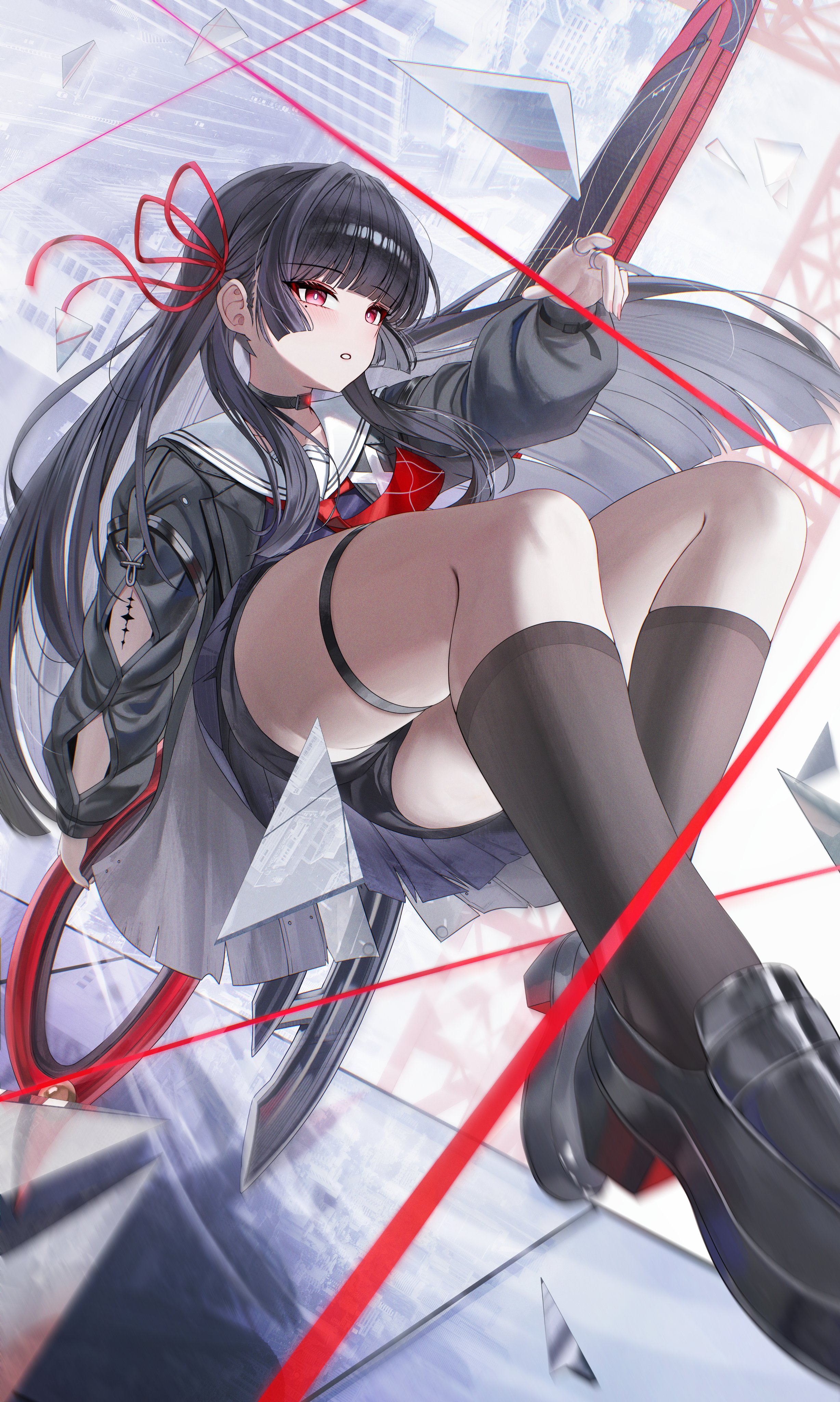 1girl, absurdres, arch a4, arm cutout, black choker, black hair, black jacket, black panties, black shoes, black skirt, black socks, chisa (wuthering waves), choker, clothing cutout, fingernails, hair ribbon, highres, jacket, long hair, long sleeves, mole, mole under eye, neckerchief, parted lips, red eyes, red neckerchief, red ribbon, ribbon, sailor collar, seifuku, shoes, skirt, socks, solo, sword, tacet mark (wuthering waves), thigh strap, thighs, underwear, upskirt, very long hair, weapon, white sailor collar, wuthering waves