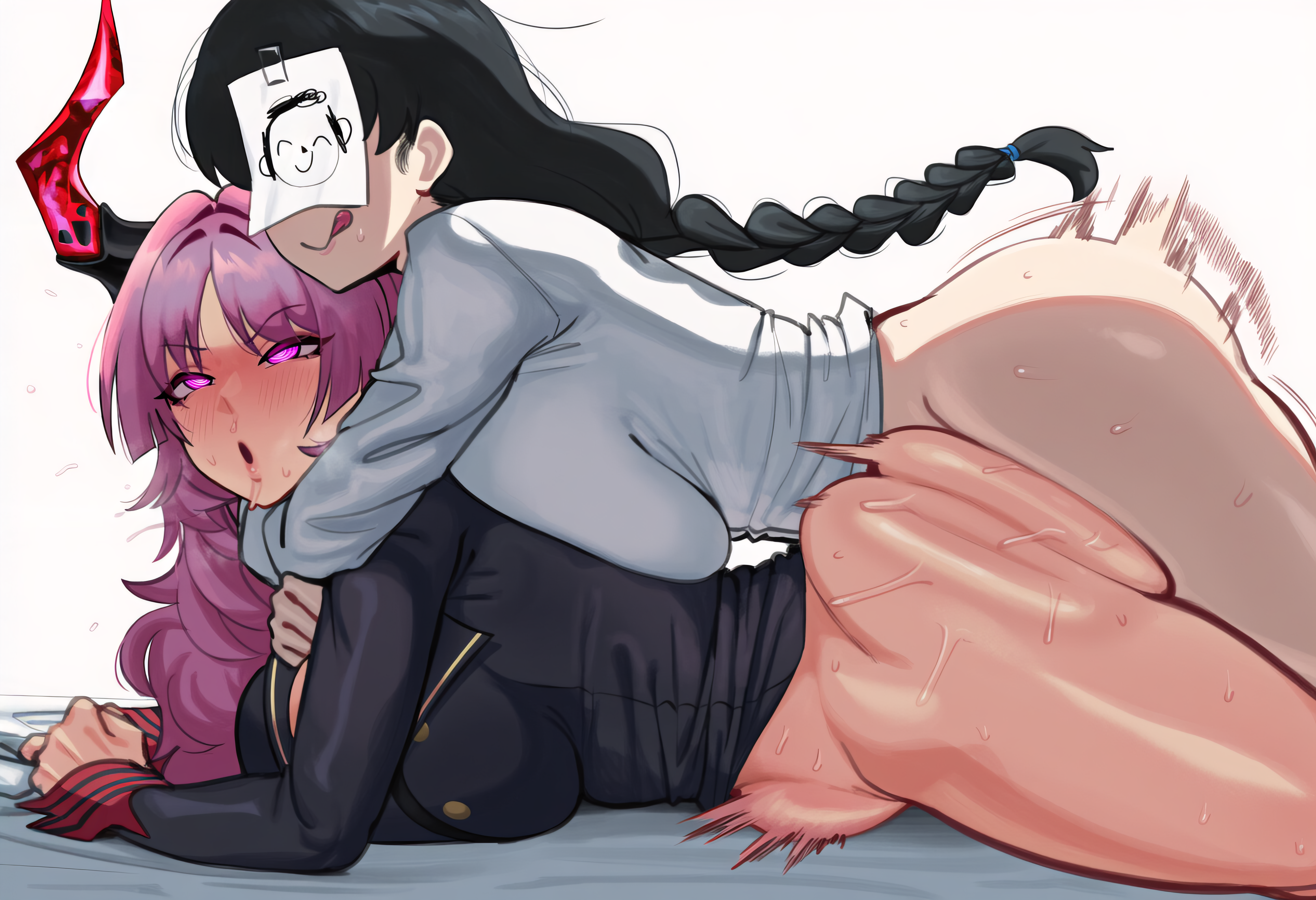 :p, 1futa, 1girls, ai generated, blue archive, breast press, breasts on back, drooling, futanari, headlock, hypnosis, large breasts, mixxie, prone bone, satsuki (blue archive), sensei (blue archive), sex, snot, stomach bulge, tagme