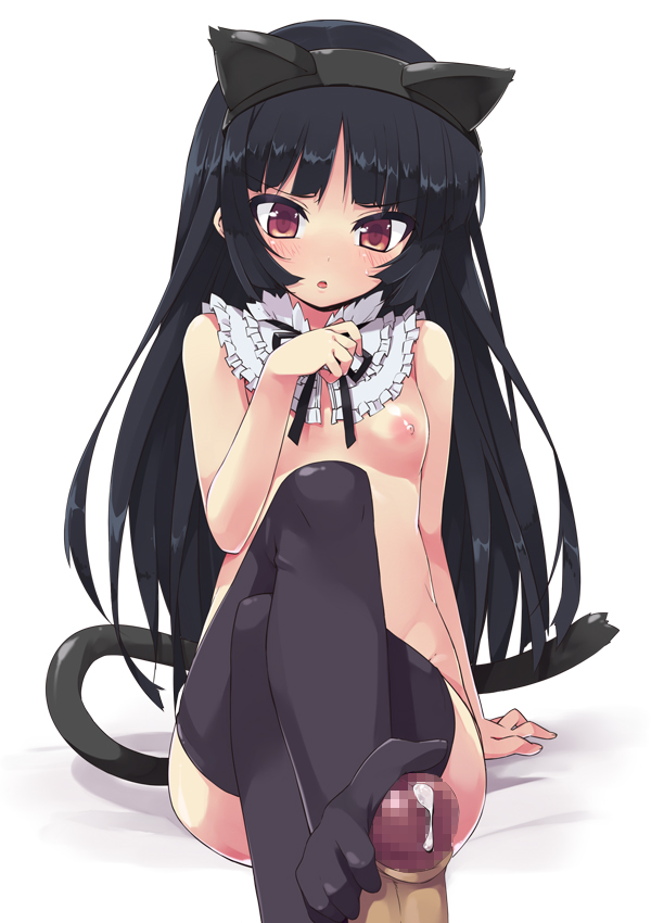 animal_ears black_hair blush brown_eyes cat_ears cat_tail censored crossed_legs feet flat_chest footjob fur gokou_ruri hairband hama_chon hime_cut legs_crossed long_hair nipples nude ore_no_imouto_ga_konna_ni_kawaii_wake_ga_nai penis sitting tail thighhighs