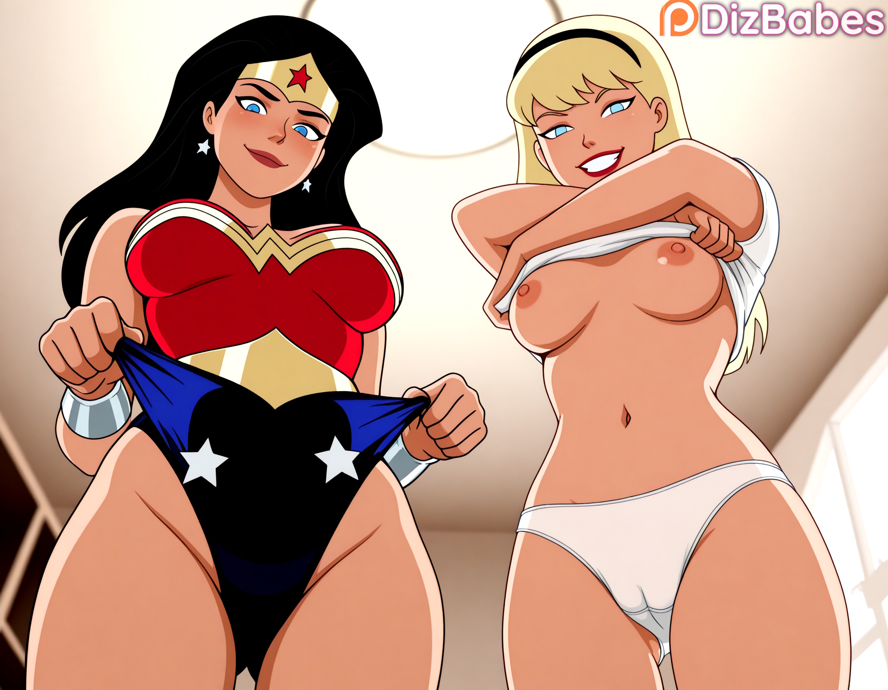 2girls, ai generated, black hair, blonde hair, blue eyes, breasts, breasts out, cameltoe, dc, dc comics, dcau, dizbabes, exposed breasts, female only, grin, hairband, justice league, justice league unlimited, kara zor-el, leotard, lifting own shirt, lifting shirt, lipstick, long hair, looking at viewer, looking down, midriff, navel, panties, pov from below, red lips, shirt, shirt lift, side by side, smile, smiling at viewer, stable diffusion, standing, standing over viewer, supergirl, supergirl (dcau), superhero costume, superheroine, superman (series), tiara, undressing, white panties, wonder woman