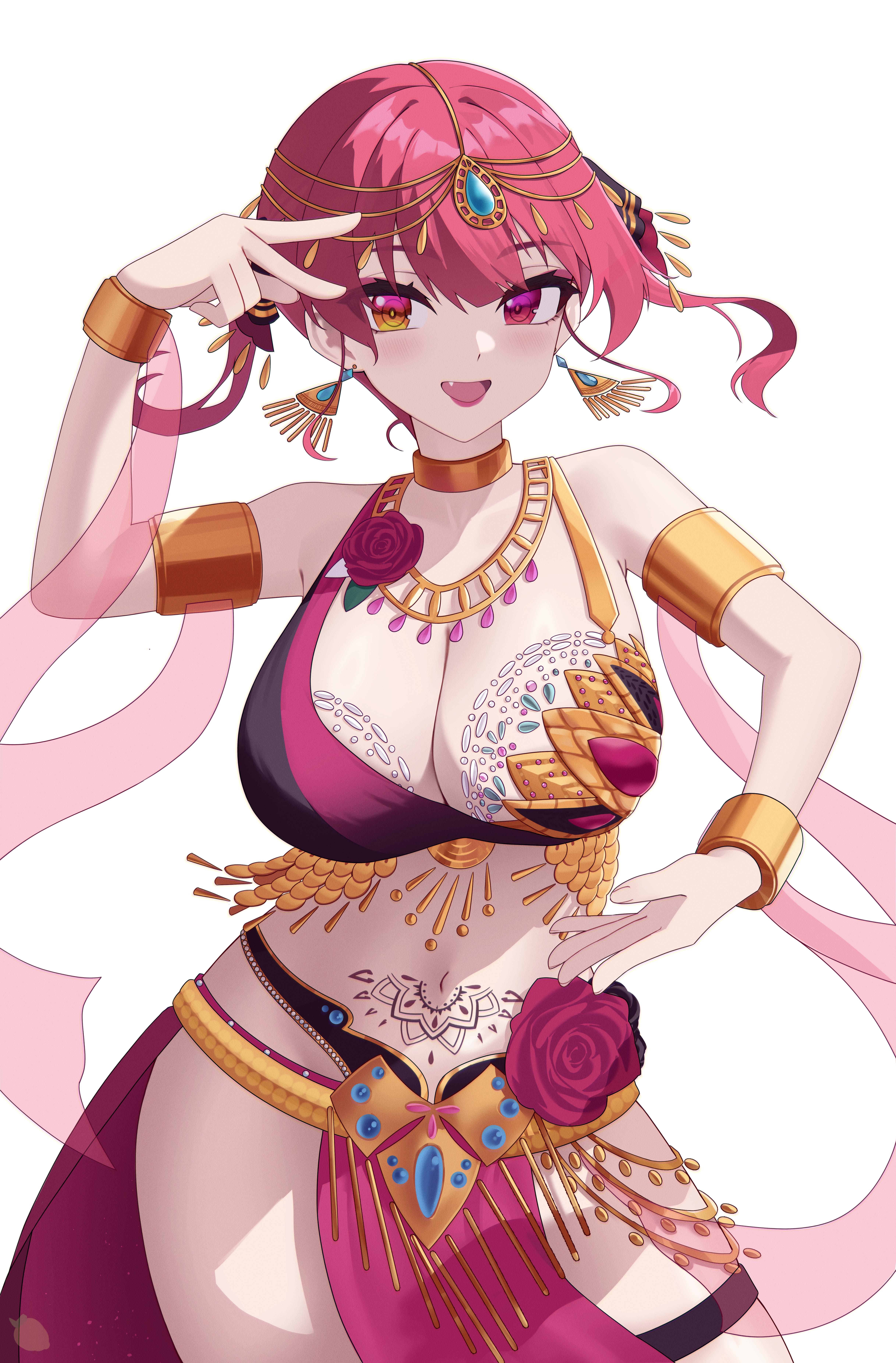 :d, 1girls, absurdres, alternate costume, alternate hair length, alternate hairstyle, armlet, belly dancer, belly dancer outfit, blue gemstone, blush, bra, bracelet, breasts, commentary request, dancer, dancing, earrings, exposed hips, flower, gem, giyeodeo, gold armlet, gold bracelet, gold earrings, hair ribbon, harem girl, harem outfit, heterochromia, highres, hip cleavage, hololive, houshou marine, jewelry, large breasts, loincloth, looking at viewer, navel, neck ring, oerba yun fang, open mouth, pelvic curtain, red bra, red eyes, red flower, red hair, red lips, red loincloth, red rose, ribbon, rose, short hair, simple background, slave, slave girl, slavegirl, smile, solo, stomach, stomach tattoo, tattoo, triangle earrings, twintails, underwear, virtual youtuber, white background, yellow eyes