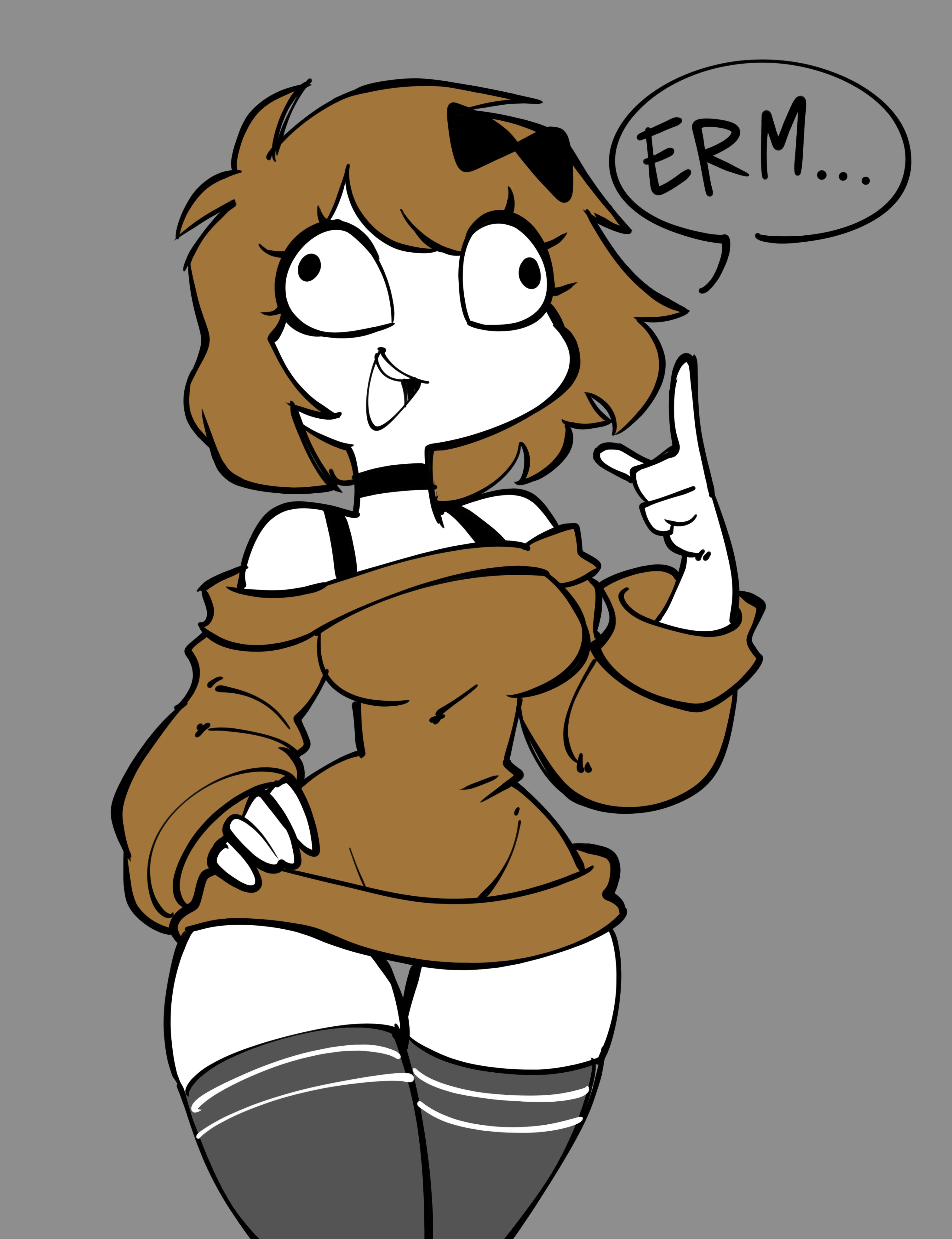 1girls, 2025, 2d, 4 fingers, brown clothing, brown hair, clothed, clothing, derp eyes, derpina, female, grey background, hair, jek korpen, rage comics, sfw, simple background, solo, solo female, text, thighhighs, thighs, twitter link, white body