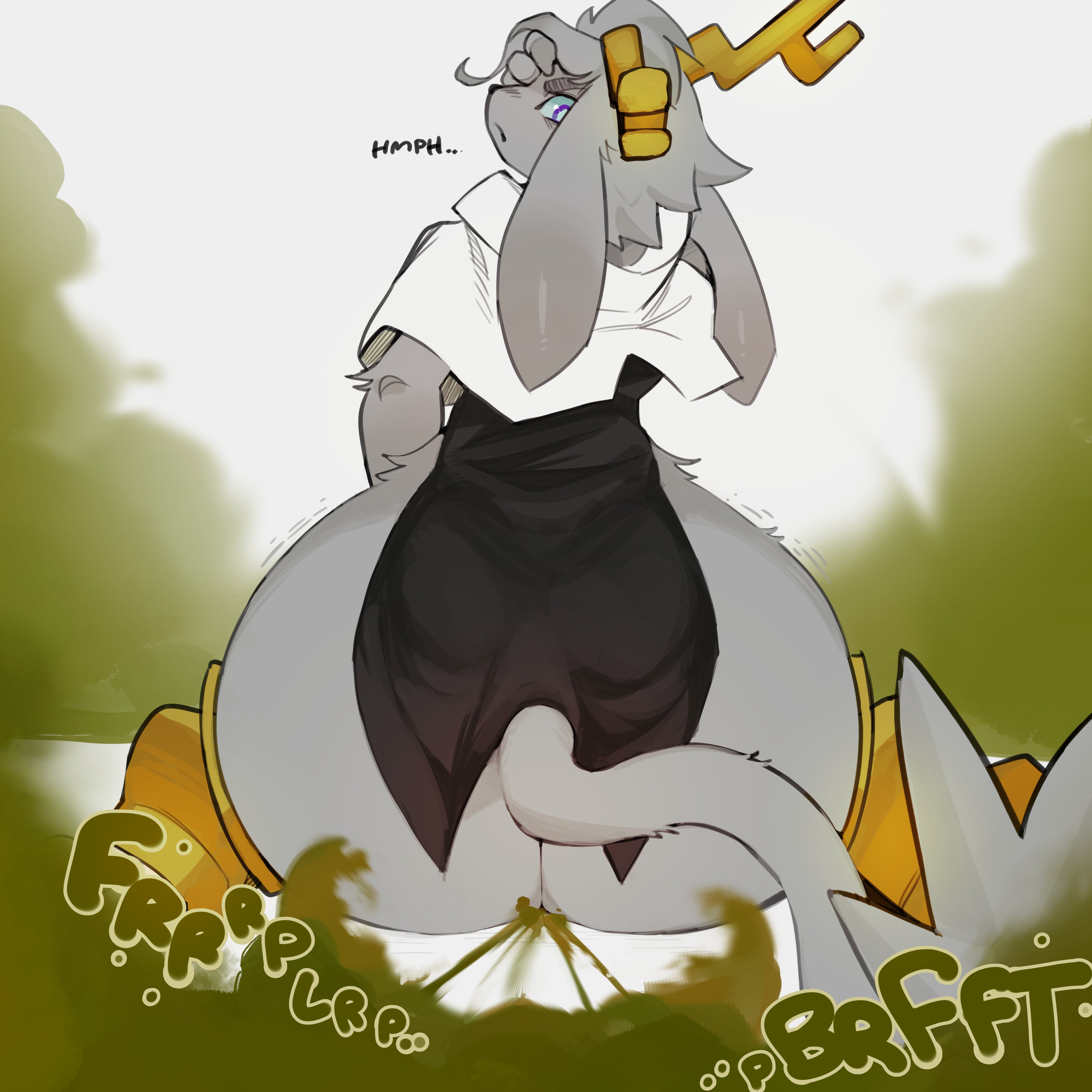 2024, digital drawing (artwork), fart, fart cloud, fart fetish, fart focus, female, furry, lichee, looking at viewer, looking back, pseudoregalia, sybil (pseudoregalia), text, unamused