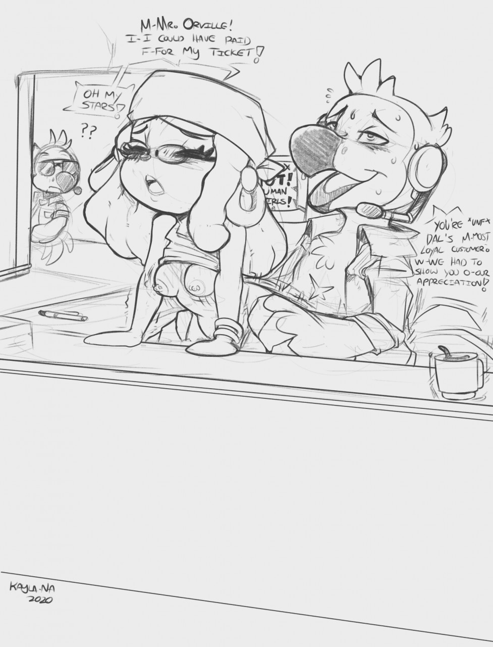 1girls, 2020, ambiguous penetration, animal crossing, animal crossing girl, animal crossing new horizons, anthro male, anthro on female, anthro on human, areolae, artist name, avian, being watched, bent over, bent over table, bird, blus, breasts, caught, caught in the act, coffee, coffee mug, cup, dated, desk, dodo, doorframe, drinking cup, ebonychimera, exposed breasts, eyes closed, female penetrated, from behind position, furry and human, furry with non-furry, glasses, grabbing hips, headset, headwear, hip grab, human on anthro, human on furry, human penetrated, implied vaginal, implied vaginal penetration, interspecies, interspecies sex, kayla-na, looking pleasured, male penetrating, male penetrating female, male penetrating human, monochrome, motion lines, nipples, oblivious, open mouth, open shirt, orgasm face, orville (animal crossing), partially clothed, pencil (object), public sex, sex, shirt, shirt lift, small breasts, sunglasses, sweat, sweatdrop, tail feathers, talking to another, talking to partner, tank top, thrusting, tits, villager (animal crossing), warning sign, wilbur (animal crossing), winged arms, wrist rings, wristband, yelling