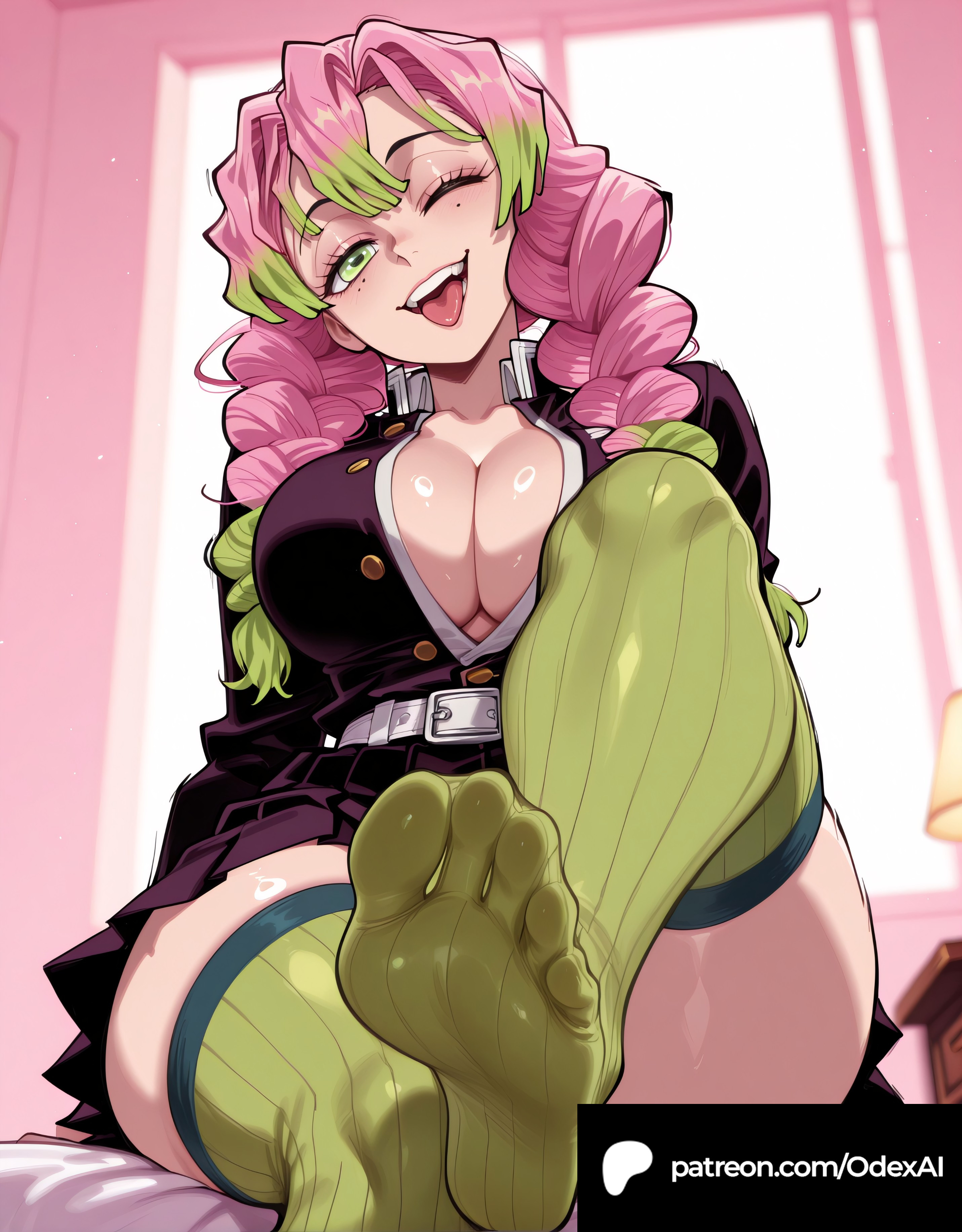 1girls, absurd res, absurdres, ai generated, ass, bangs, big ass, big breasts, blurred background, blurry background, braid, braided hair, braids, breasts, cartoon, cartoony, demon slayer, depth of field, female, female focus, female only, green eyes, green hair, high resolution, highres, kanroji mitsuri, kimetsu no yaiba, large ass, large breasts, mitsuri kanroji, multicolored hair, odexai, parted bangs, pink hair, small waist, solo focus, straight, thick thighs, thin waist, wide hips