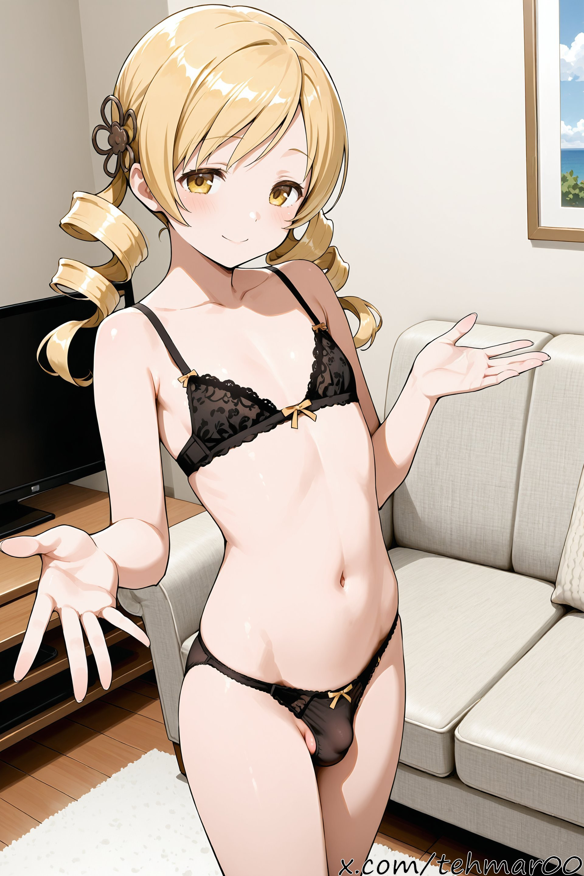 1boy, ai generated, bangs, bare shoulders, black bra, black panties, blonde hair, blush, bra, bulge, closed mouth, collarbone, couch, drill hair, eyebrows visible through hair, femboy, genderswap (ftm), hair ornament, indoors, lingerie, long hair, looking at viewer, male, navel, panties, puella magi madoka magica, rule 63, smile, solo, tagme, tehmar, tomoe mami, trans woman, transfem, trap, twin drills, twintails, underwear, underwear only, yellow eyes
