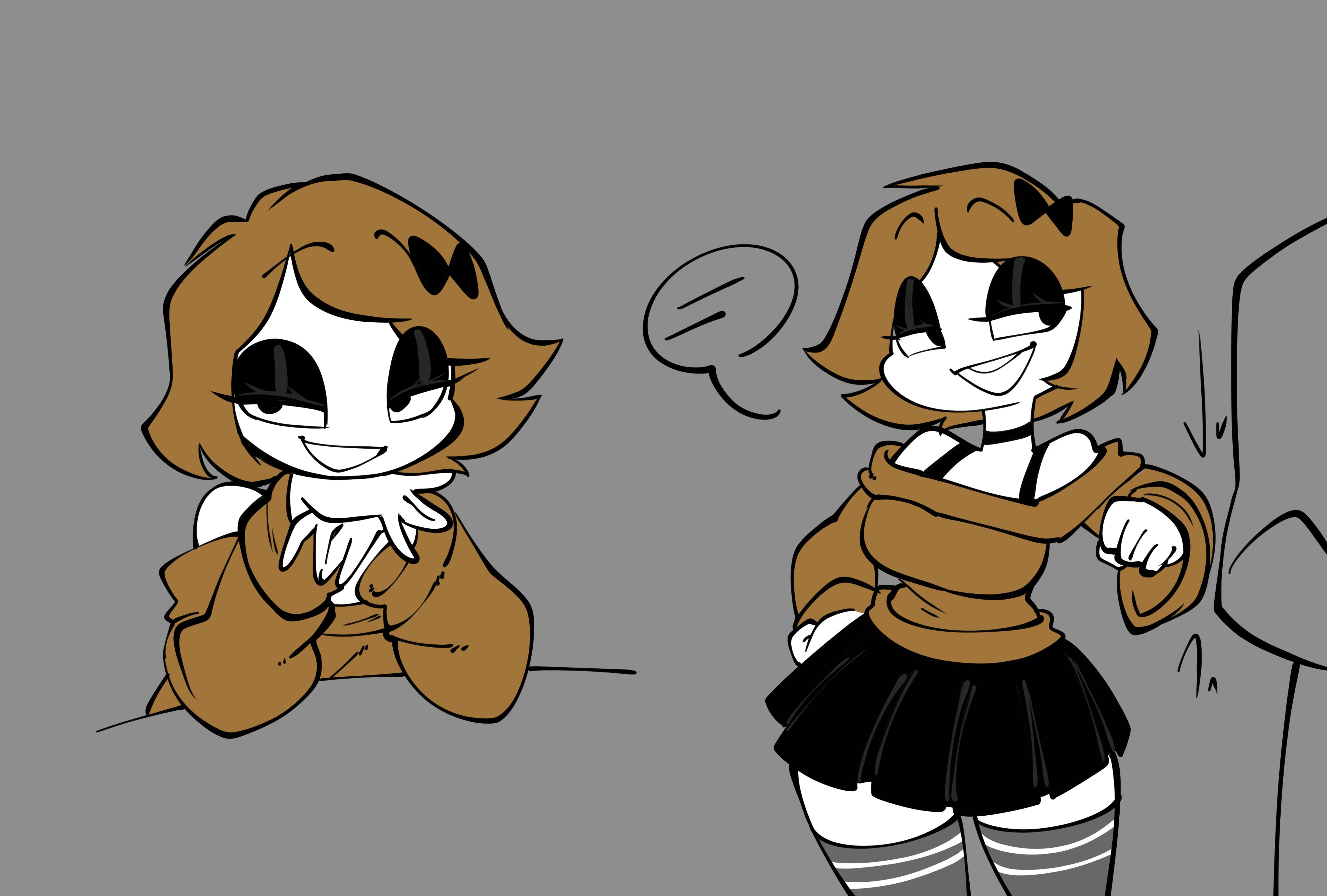 2025, 2d, black skirt, bow ribbon, brown clothing, brown hair, derpina, female, grey background, jek korpen, multiple images, nudging, offscreen character, plain background, rage comics, ribbon in hair, sfw, skirt, thick thighs, thighhighs, thighs, twitter link, white body