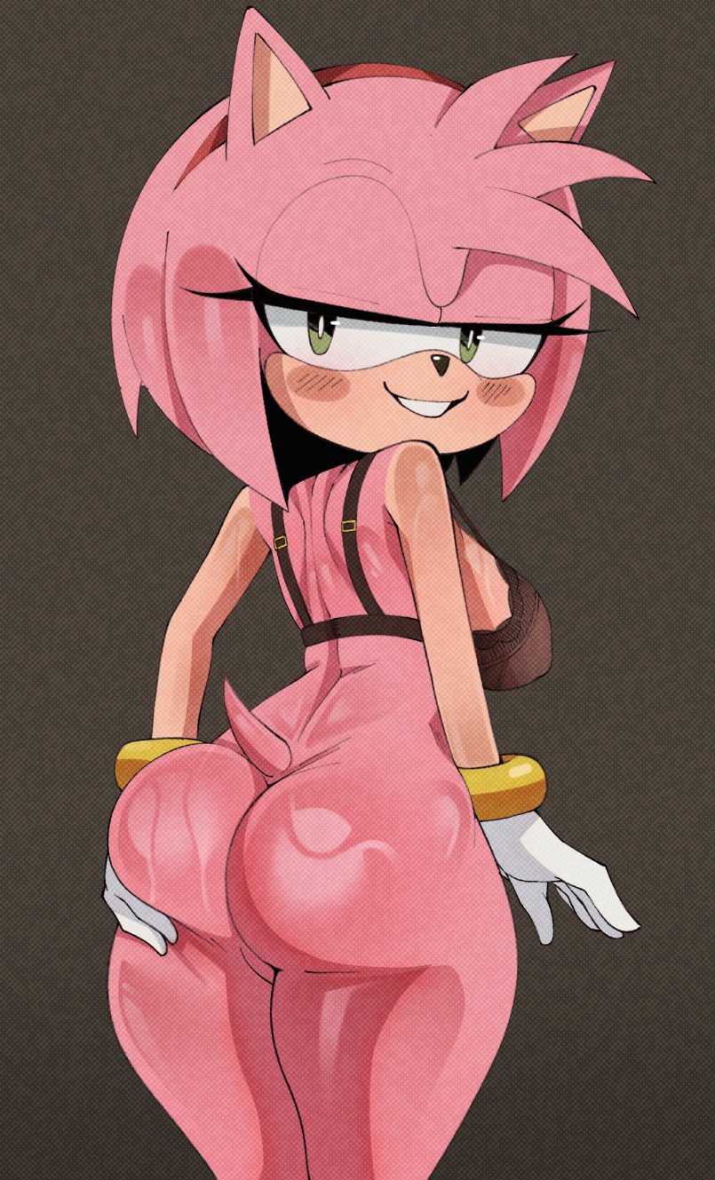 amy rose, ass, bottomless, bra, female, furry female, gloves, god1annie, grin, looking back, sega, sonic (series), sonic the hedgehog (series), wet ass