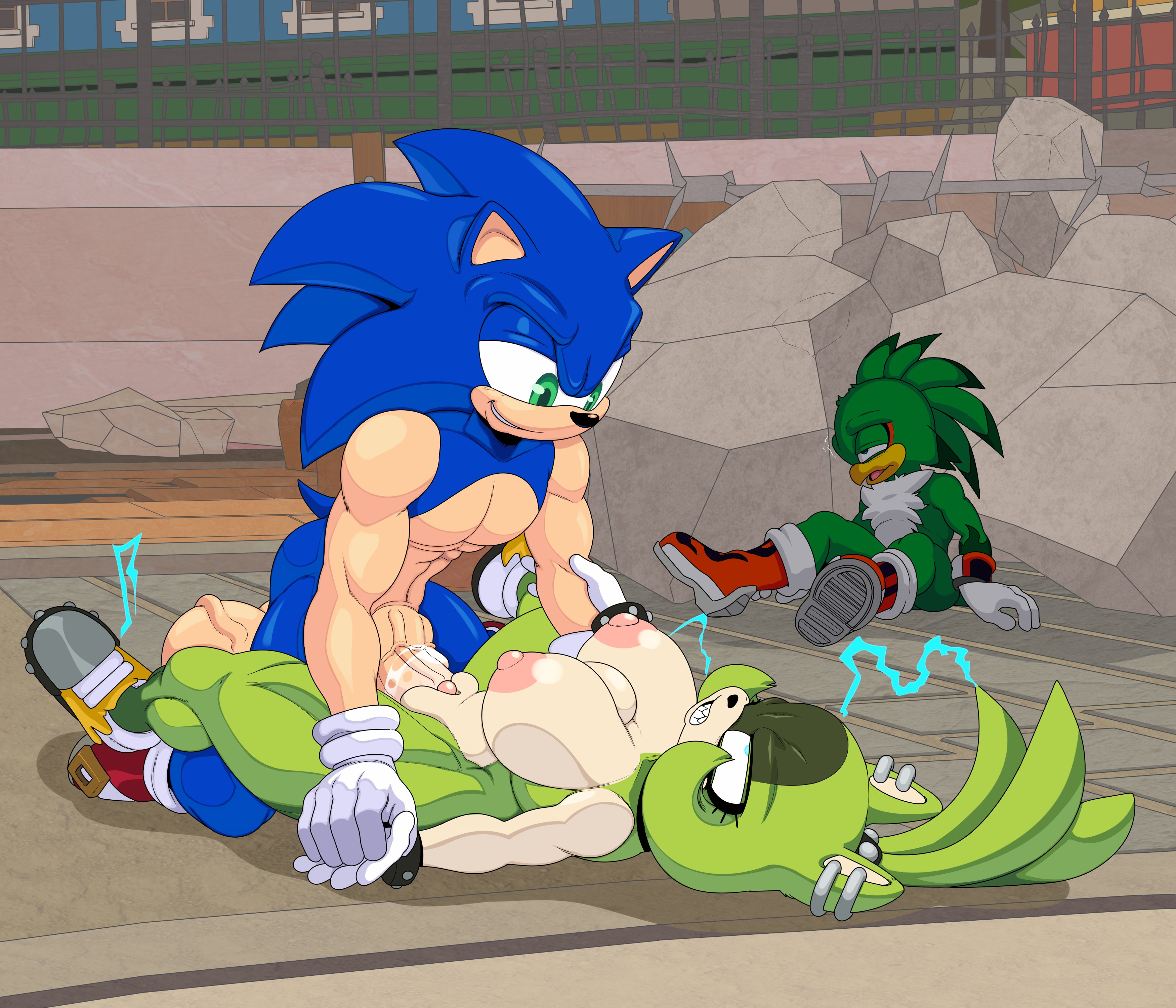 anthro, areola, balls, big breasts, defeated, defeated male, erect nipples, erection, female, hawk, hedgehog, jet the hawk, male, muscular female, muscular male, nipples, penis, pussy, rape, sega, sex, sonic (series), sonic the hedgehog, sonic the hedgehog (comics), sonic the hedgehog (idw), sonic the hedgehog (series), surge the tenrec, tenrec, trio, turboranger, vaginal penetration, vaginal sex