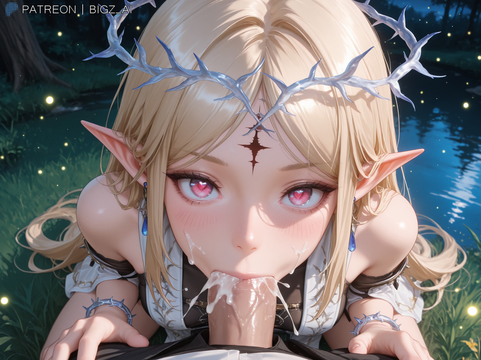 1boy, 1girls, absurd res, ai generated, artist name, big breasts, big penis, bigz ai, blonde hair, blowjob, cartethyia (wuthering waves), clothed, clothing, cum, cum in mouth, cum inside, cumshot, duo, elf, fellatio, female, fleurdelys (wuthering waves), forest, halo, heart-shaped pupils, highres, huge cock, kneeling, lake, large penis, light skin, light-skinned female, long ears, long hair, looking at viewer, male, medium breasts, night, oral, oral sex, outdoors, penetration, penis, penis in mouth, pov, sex, straight, teasing, uncensored, veiny penis, very long hair, wuthering waves