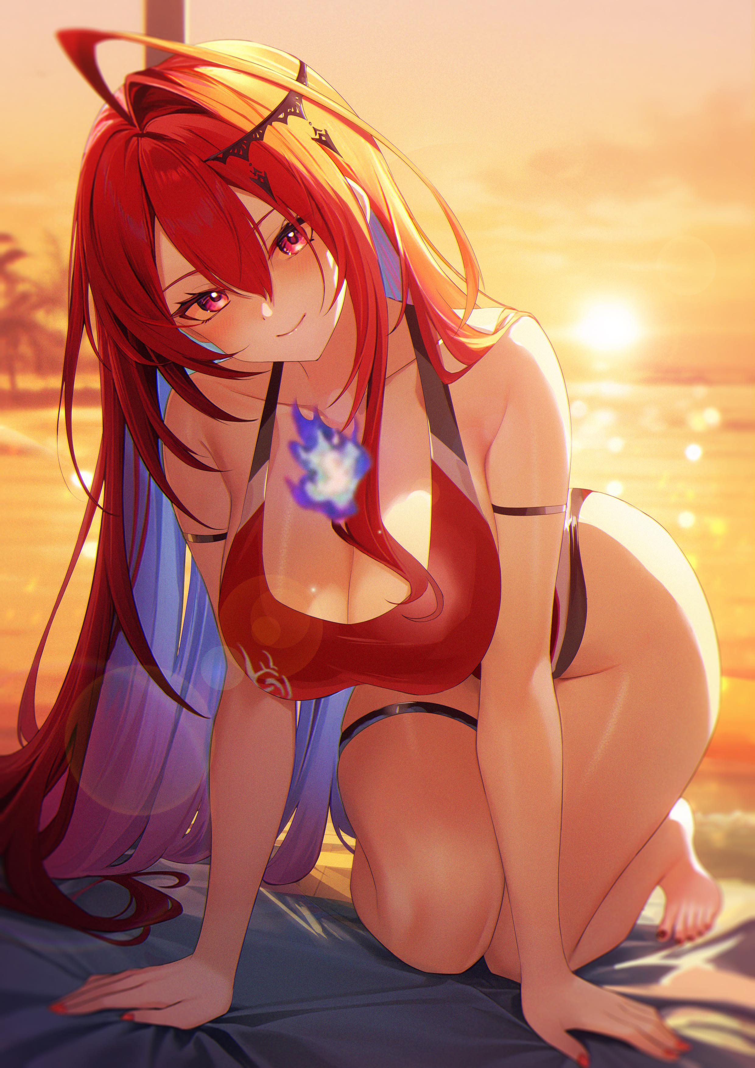 1girls, absurd res, ahoge, beach, beach towel, blue hair, breasts, cleavage, closed mouth, collarbone, colored inner hair, elizabeth rose bloodflame, elizabeth rose bloodflame (holonatsu paradise), female, hi res, hololive, hololive english, hololive english -justice-, holonatsu paradise, huge ahoge, jiang ye kiri, jygfams, large breasts, long hair, looking at viewer, multicolored hair, on hands and knees, one-piece swimsuit, red eyes, red hair, red nails, red one-piece swimsuit, revision, smile, solo, sunset, swimsuit, tagme, thigh strap, thighs, two-tone hair, very long hair, virtual youtuber, water