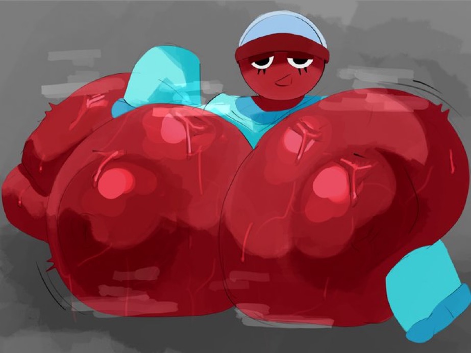 1girls, adawndraws, big breasts, blank background, blue sweater, breasts, breasts bigger than head, breasts out, breasts together, dandy's world, dandys world, female, female focus, female only, gigi (dandy's world), girl, gray background, grey background, huge breasts, hyper breasts, large breasts, large tits, massive breasts, massive tits, on side, red body, red skin, red skinned female, simple background, solo, solo female, solo focus, steam, steamy, sweat, sweatdrop, sweater, sweating, sweaty, sweaty body, sweaty breasts, sweaty female, tits bigger than head, tits out, voluptuous, voluptuous body, voluptuous female, waist not visible, woman only, woman solo