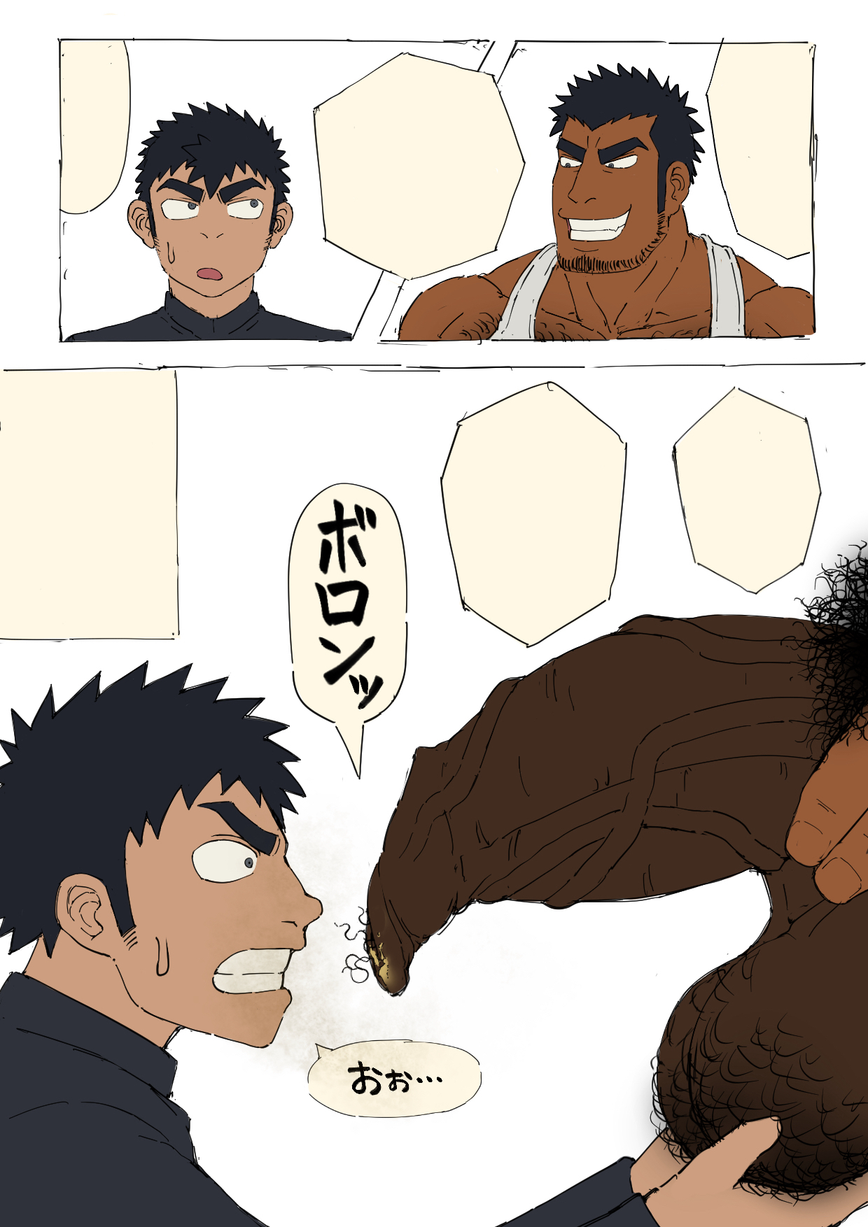 2boys, age difference, balls, bara, big balls, big penis, black hair, clenched teeth, dark skin, flat colors, foreskin, gay, hairy, hairy balls, half-erect, japanese text, light skin, male, male only, mojamoja, muscular, musk, musk clouds, musky cock, original, p.e. teacher, pubic hair, pubic hair in foreskin, student, sweat, sweatdrop, tank top, teacher, teacher and student, text, translation request, uncircumcised, veiny penis, yaoi