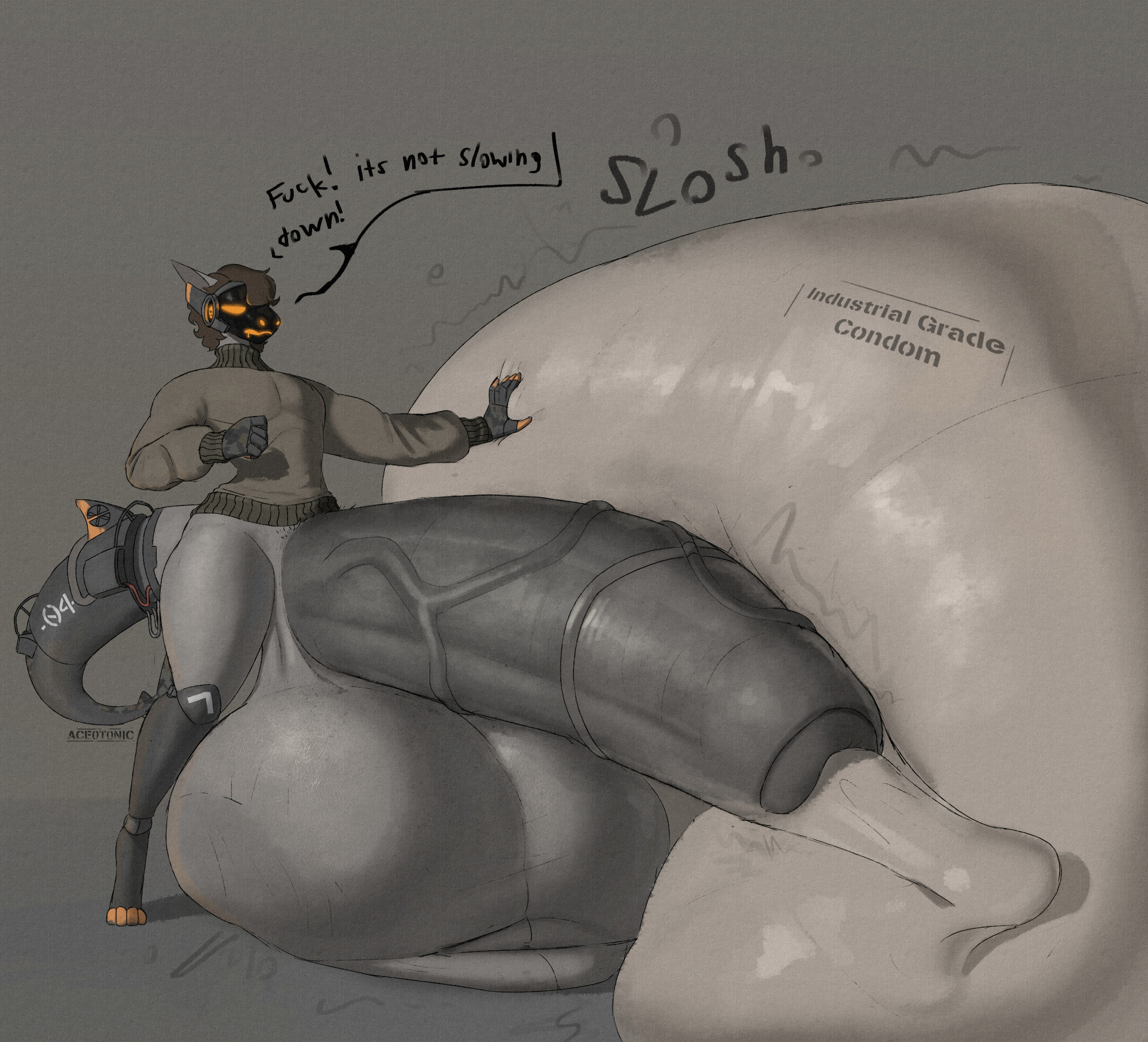 1boy, ace0t0nic, aroused, aroused face, brown hair, clenched balls, clenching balls, condom, condom filling, condom on penis, creamy cum, cumming, cumming in condom, cyborg, digital drawing (artwork), digital media (artwork), ethan (humbug), excessive cum, excessive genital fluids, furry, furry male, furry only, gray background, gray body, gray penis, grey background, grey body, grey penis, hyper, hyper balls, hyper condom, hyper cum, hyper genitalia, hyper penis, hyper testicles, male, male only, no pants, no underwear, orange eyes, profanity, protogen, shark, slosh, standing, thick cum, turtleneck, turtleneck sweater, veiny cock, veiny penis, worried, worried expression, worried face, worried look, worried male