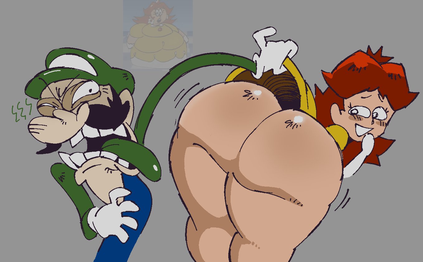 1boy, 1girls, ass, ass focus, big ass, blublublrfan, brown hair, brunette female, clothing, disgusted, disgusted expression, dress lift, fat ass, female, gloves, gray background, green clothing, green hat, green tongue, large ass, long hair, luigi, luigi (xandrecos), male, mario (series), moustache, nintendo, orange dress, overalls, princess, princess daisy, princess daisy (xandrecos), royalty, shy smile, smile, super mario bros., thick thighs, tongue out, wobbling ass, xandrecos, youtube
