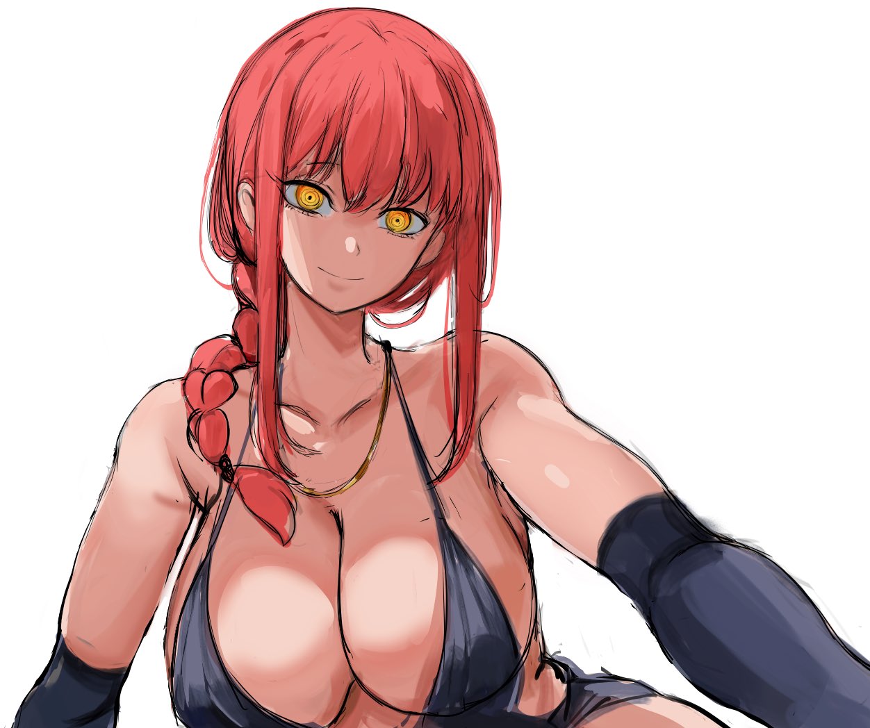 bare shoulders, black dress, black gloves, braid, braided ponytail, breasts, chainsaw man, cleavage, closed mouth, dress, elbow gloves, female, gloves, large breasts, long hair, looking at viewer, makima (chainsaw man), medium hair, rakeemspoon, red hair, ringed eyes, sidelocks, simple background, smile, solo, white background, yellow eyes
