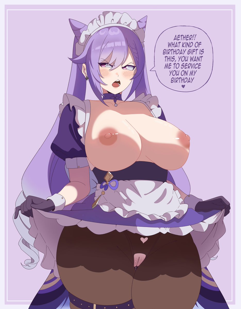 1girls, aether (genshin impact), areolae, big breasts, breasts, breasts out, female, female only, genshin impact, huge breasts, keqing (genshin impact), large breasts, light skin, light-skinned female, male pov, nipples, purple hair, recentstararts, solo, twintails