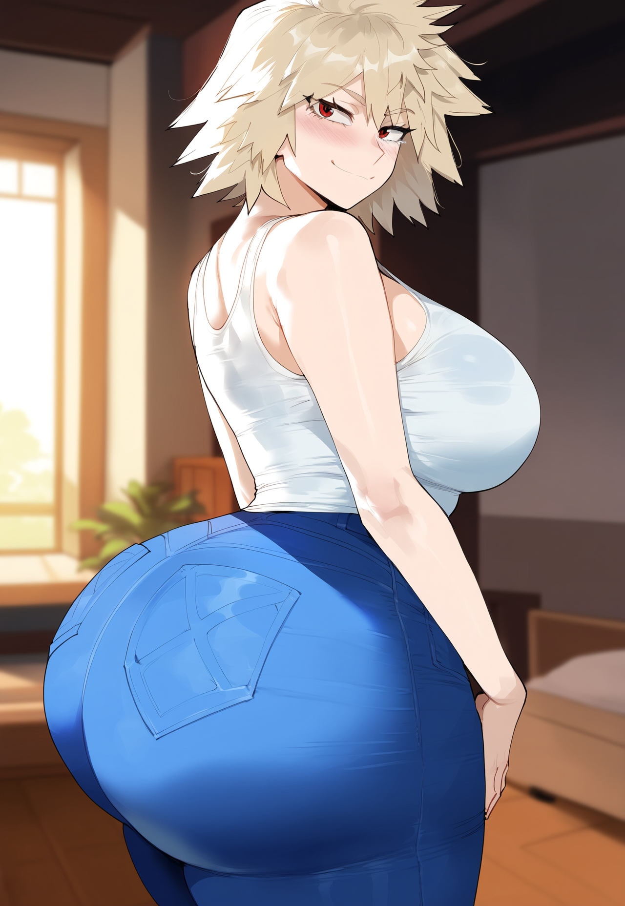 1female, 1females, 1girl, 1girls, ai generated, ass, ass focus, back pockets, big breasts, blonde hair, blue jeans, boku no hero academia, butt, butt focus, creamy ai, huge breasts, imminent sex, impending sex, jeans, mitsuki bakugou, my hero academia, red eyes, tagme