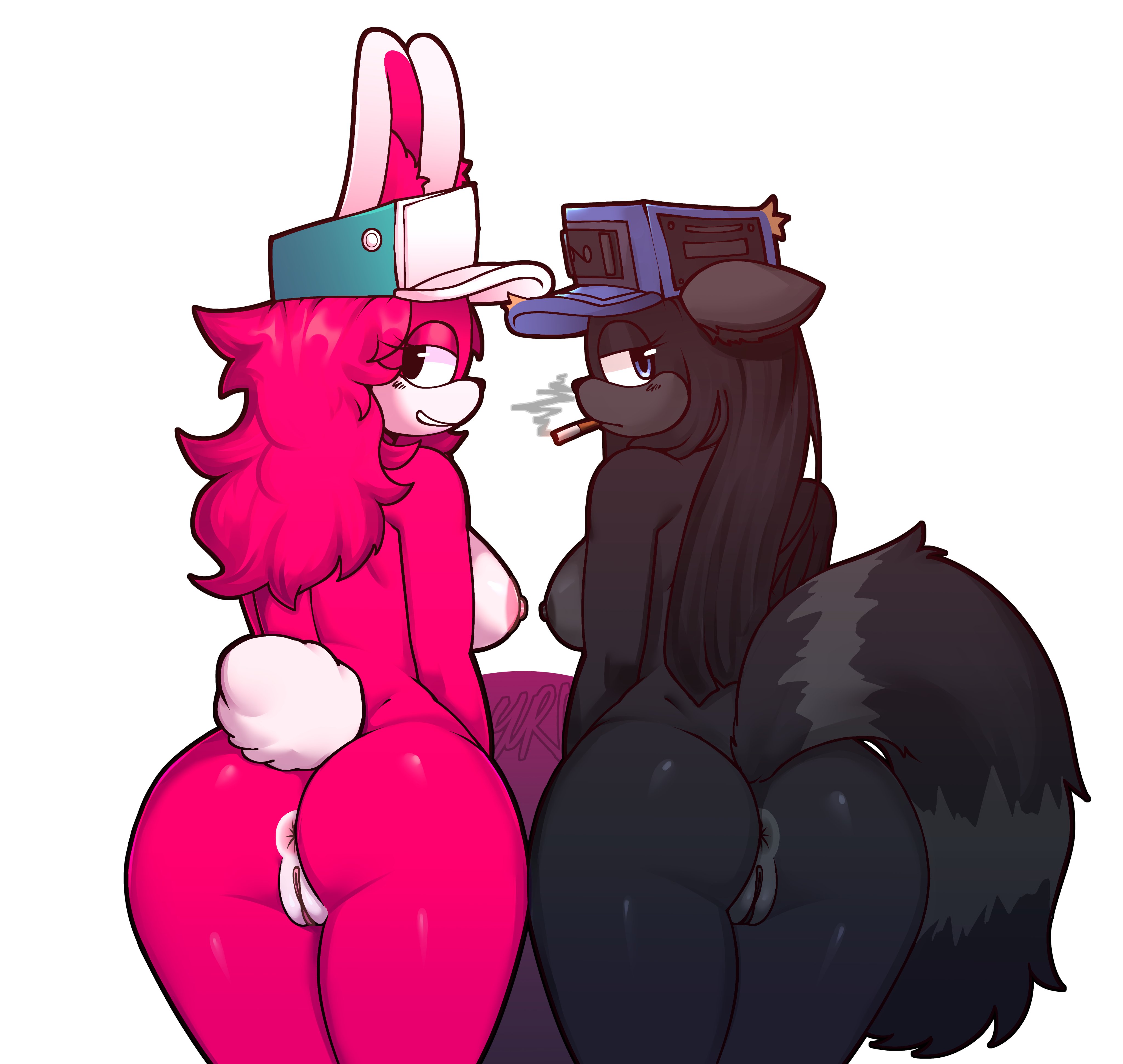 2anthro, 2furrys, 2girls, angry face, anthro, anthro female, anus, ass focus, asshole, black eyes, black fur, black hair, blue cap, blue eyes, breasts, bunny ears, bunny girl, bunny tail, cap, cassette girl, cassie gehtelle, curly hair, fanon horrors unknown, fanon skarlet, friday night funkin, friday night funkin mod, furry, furry female, graffiti groovin', hat, hat only, lemur, lemur girl, lemur tail, long hair, mobian (species), naughty face, newgrounds, pink fur, pink hair, pussy, rabbit, showing ass, showing pussy, skarlet bunny, smiling at viewer, smoking, smoking cigarette, white background, yur1