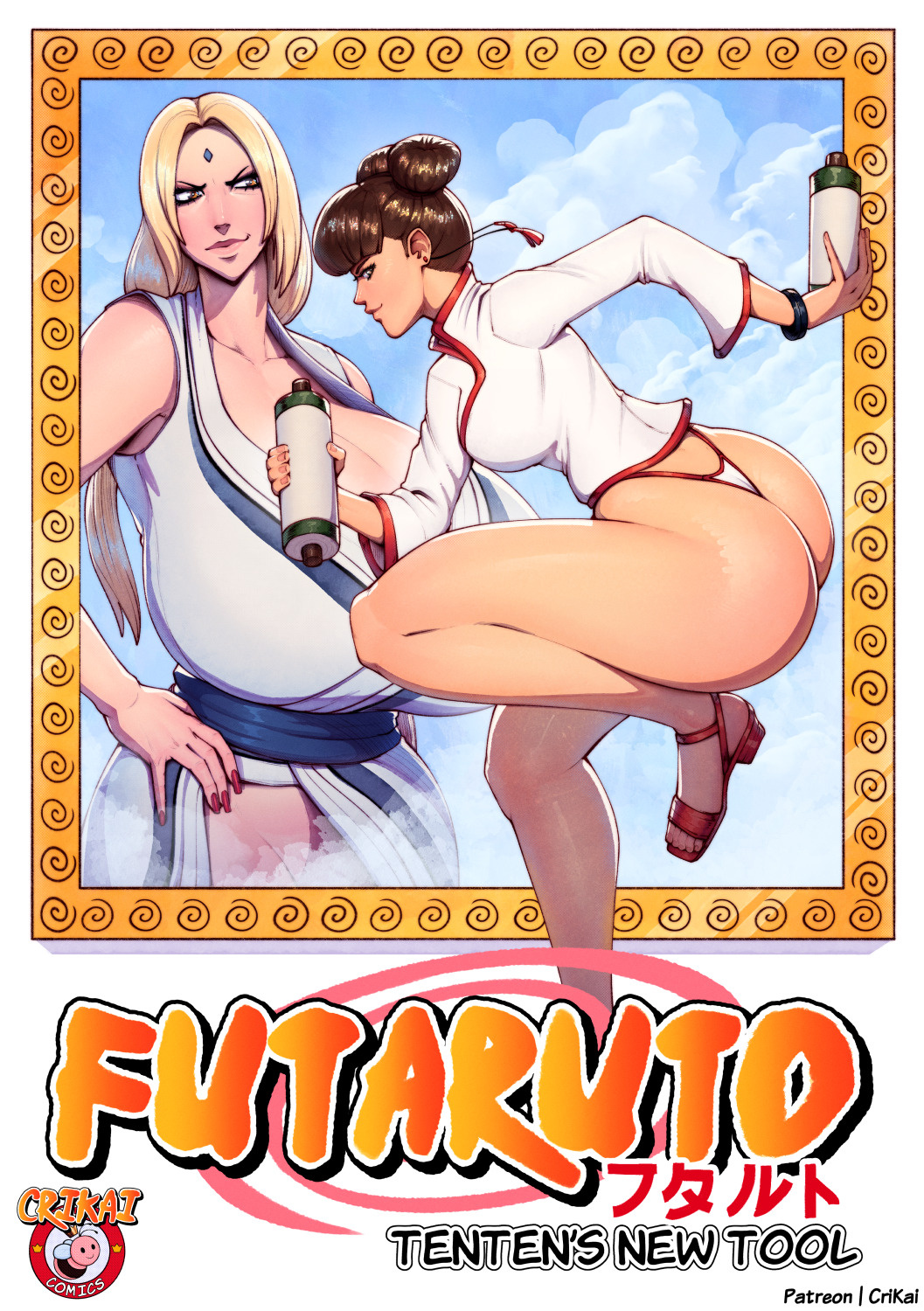2girls, ass, ass focus, bent over, big ass, big breasts, blonde hair, blunt bangs, blush, boruto: naruto next generations, bottomless, breasts, brown eyes, brown hair, bubble ass, bubble butt, chinese clothes, cleavage, comic, comic cover, completely nude, cover, crimson kaiserin, double bun, female, female only, from behind, hi res, holding object, huge ass, human, japanese clothes, kimono, kunoichi, large breasts, looking at another, looking at partner, looking at viewer, looking away, massive breasts, mature, mature female, milf, mooning, nail polish, naruto, naruto (series), ninja, no sex, nude, nude female, paag, panties, pinup, posing, posing for the viewer, presenting, presenting ass, puffy anus, pussy, sandals, scroll, shirt, simple background, solo, solo female, solo focus, spread ass, spreading, standing, tenten, thick ass, tsunade, twin buns, voluptuous, watermark, white background