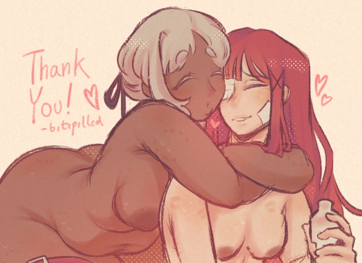 2girls, after sex, aftercare, ass, aya (limbus company), belly, big ass, bite mark, bite mark on ass, bite mark on thigh, bite marks, bitepilled, breasts, chubby, chubby belly, chubby female, closed eyes, closed eyes smile, dark nipples, dark skin, dark-skinned female, eyepatch, female, female focus, female only, flat chest, flat chested, hanging breasts, heart, heart symbol, hearts around head, hugging, hugging another, hugging from behind, kinktober, kinktober 2025, kiss mark, kiss marks, kissing, limbus company, long hair, long hair female, pale skin, pale-skinned female, project moon, puckered lips, red hair, short hair, short hair female, small breasts, smile, smiling, smiling at partner, tagme, text, thank you, thank you message, thick thighs, thigh belt, thighs, trying to kiss, white hair, wholesome, wholesome nudity, yuri, yuri (limbus company)