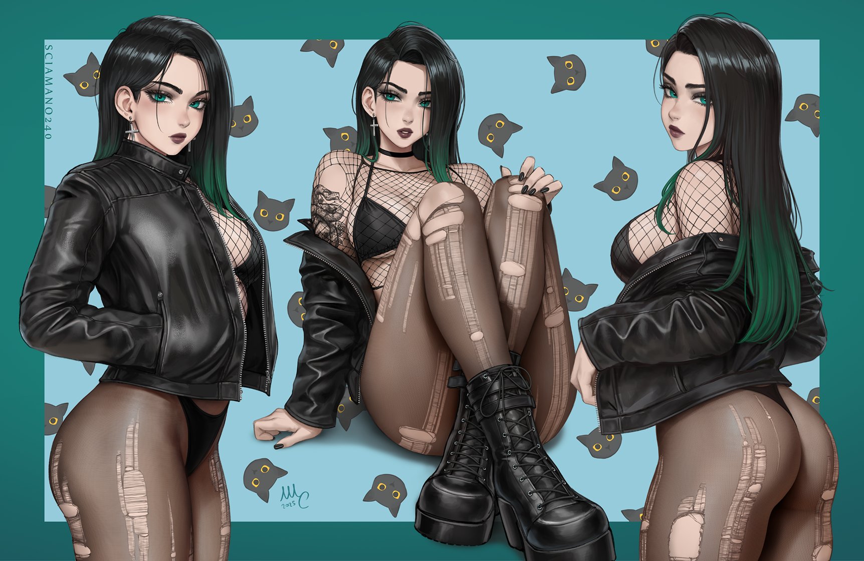 1girls, april (sciamano240), black bra, black hair, black panties, cross earrings, feline, female, fishnets, green eyes, green hair, leather clothing, leather jacket, mirco cabbia, multicolored hair, oc, original, original character, pale skin, pale-skinned female, pantyhose, ripped pantyhose, sciamano240, simple background, solo, solo female