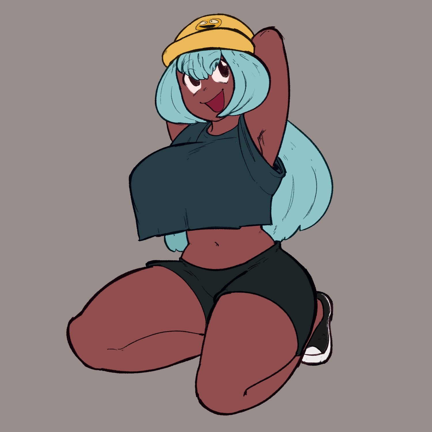 1girls, armpits, arms behind head, arms up, big breasts, big thighs, breasts bigger than head, brown skin, cumulusgio, dark skin, dark-skinned female, dolly dimpley, female, huge breasts, huge thighs, kneeling, large breasts, large thighs, looking up, on knees, smiling, smiling friends, sneakers, solo, solo female, stratusgio, tagme
