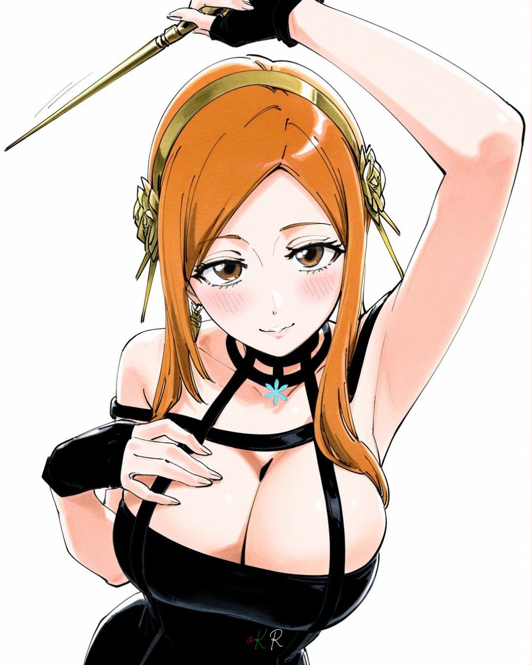1girls, about to burst, ai generated, animerch, arm up, armpits, barely contained, barely contained breasts, barely fits, big breasts, black choker, black dress, black gloves, bleach, blush, breasts, breasts too big, brown eyes, bursting breasts, choker, cleavage, closed mouth, dress, female, female only, gloves, huge breasts, imminent wardrobe malfunction, inoue orihime, jewelry, large breasts, light-skinned female, long hair, looking at viewer, orange hair, orange-haired female, slim waist, solo, spy x family, striped, thorn princess (cosplay), tight clothes, tight clothing, tight dress, tight fit, too tight, undersized clothes, undersized clothing, vertical stripes, yor briar (cosplay)