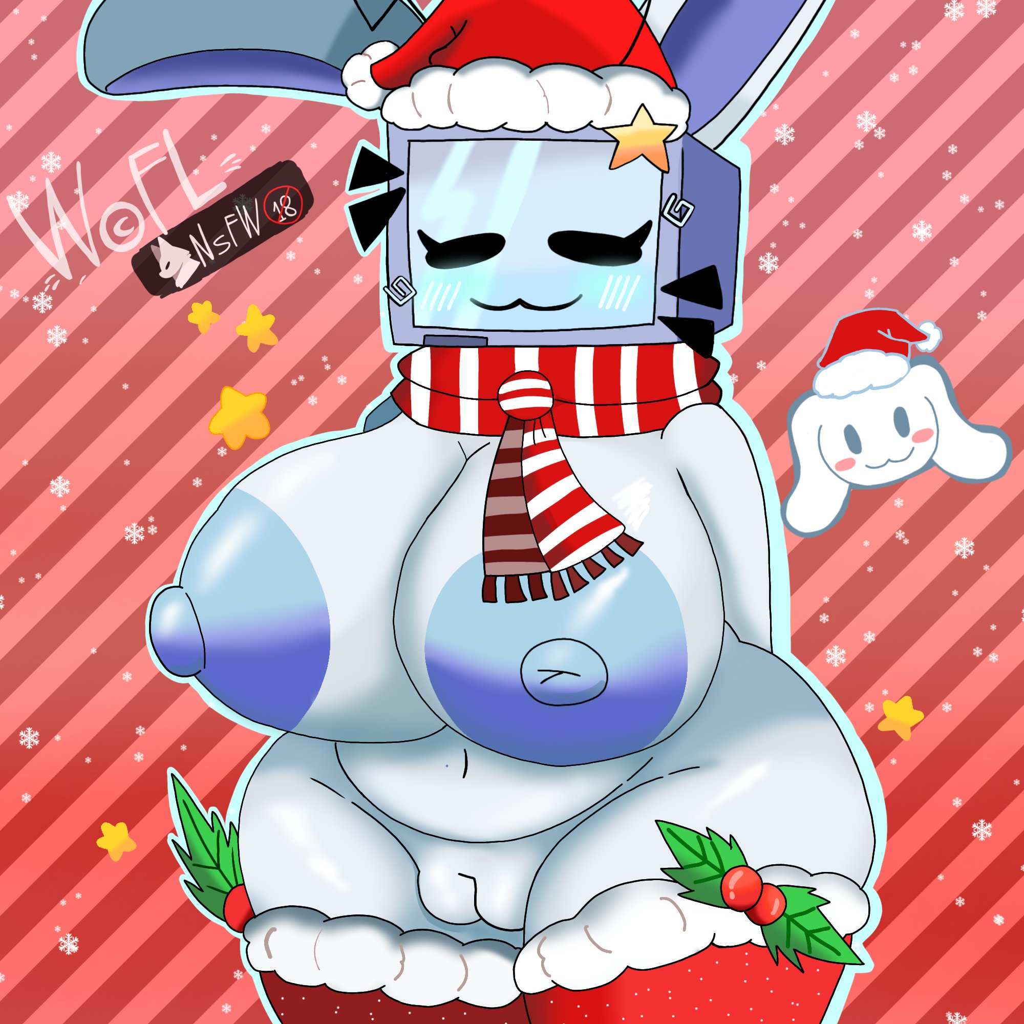 :3, big breasts, blue nipples, blush, breasts, christmas, christmas hat, closed eyes, female, for a head, huge breasts, large areolae, large breasts, nude, plump, pussy, rabbit ears, scarf, silvy (silvythetvbunny), solo, thighhighs, tv, tv head, woflgame
