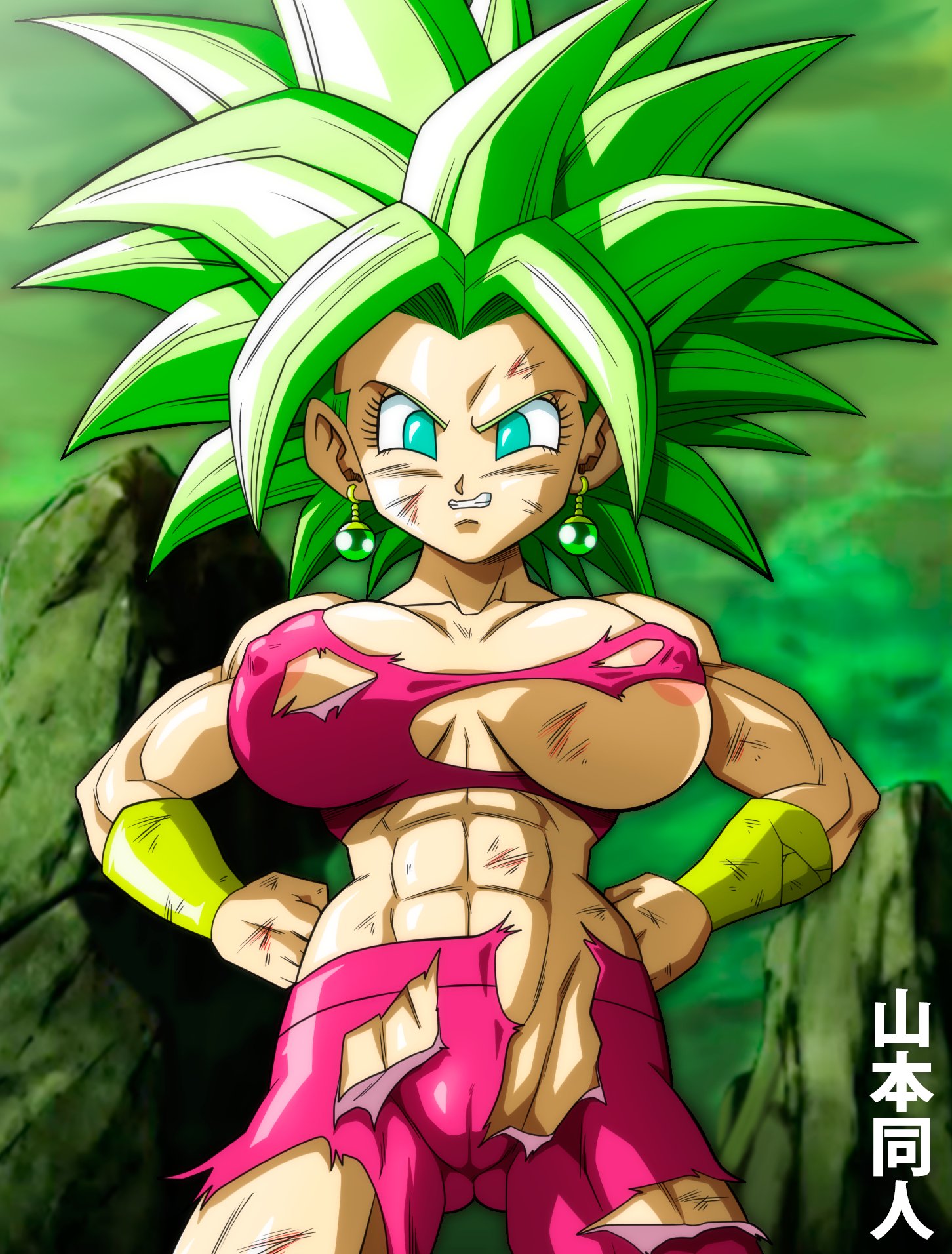 big breasts, broken clothes, dragon ball, dragon ball super, fusion, huge breasts, kefla, looking at viewer, muscular female, poorly tagged, pov, simple background, smiling at viewer, source request, super saiyan, visible vagina, yamamoto doujin