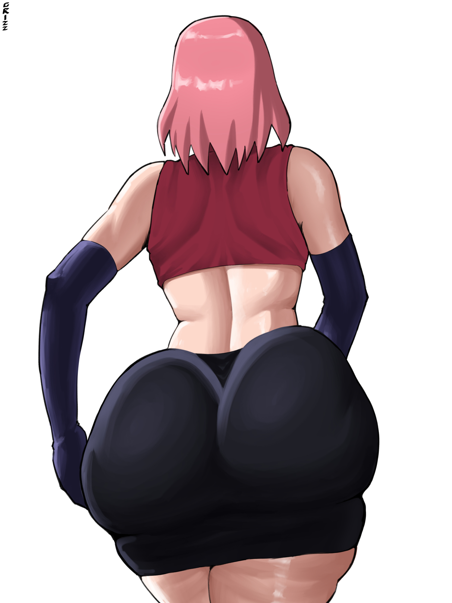 1girls, 2d, 2d (artwork), anus, arm gloves, artist logo, ass, ass bigger than head, ass crack, ass focus, ass view, back, background, behind view, big ass, bike shorts, black bike shorts, black shorts, blue sky, bottom, bottom heavy, bottomwear, bubble ass, bubble butt, butt crack, clothed, clothed female, clothes, clothing, elbow pads, faceless, faceless character, faceless female, facing away, fat ass, female, female focus, female only, from behind, from below, gloves, grizzlyart, heavenly ass, highres, huge ass, large ass, light skin, light-skinned female, low-angle view, lower body, lower body focus, medium hair, naruto, naruto (series), naruto shippuden, pasties, pink elbow pads, pink hair, presenting, presenting ass, pussy, pussy pasty, rear view, red shirt, red sleeveless shirt, sakura haruno, shirt, shorts, simple background, sleeveless, sleeveless shirt, solo, solo female, solo focus, spats, standing, standing position, sunlight, thick, thick ass, thick female, thick thighs, thighs, topwear, unseen female face, viewed from behind, voluptuous, voluptuous female, watermark, white body, wide hips