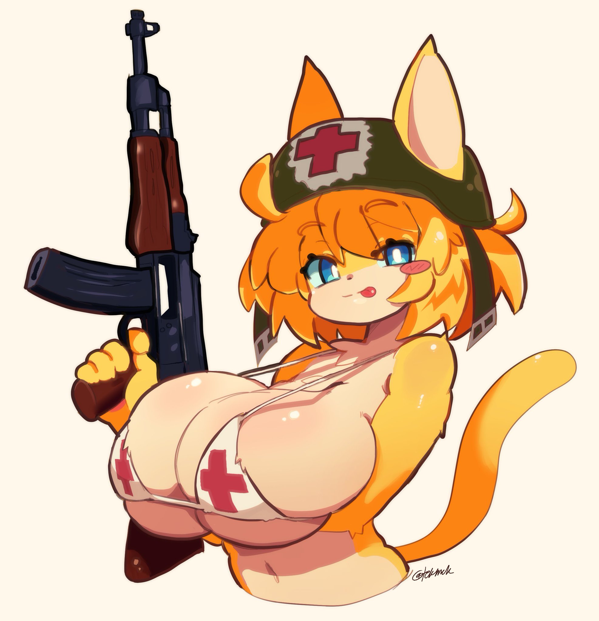 ak-47, anthro, anthro female, artist signature, big breasts, breasts, domestic cat, ears, fugguard, furry, furry only, gun, hair, helmet, holding breast, holding object, holding weapon, huge breasts, katie (kat kitt), katie (medikitten), large breasts, oc, original, original character, short hair, someone else's oc, tail, tails, tarashi, weapon