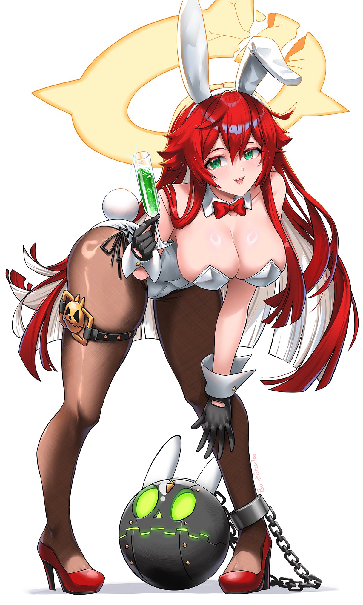 1girls, ahoge, animal ears, bent over, big breasts, bowtie, breasts, bunny ears, bunny girl, bunny tail, bunnysuit, burnt green tea, chain, cleavage, cuffs, detached collar, fake animal ears, female, female only, full body, gloves, green eyes, guilty gear, guilty gear strive, high heels, jack-o' valentine, large breasts, leotard, long hair, pantyhose, red hair, solo, strapless, strapless leotard, tail, thigh strap, tongue out, very long hair, white background, wrist cuffs