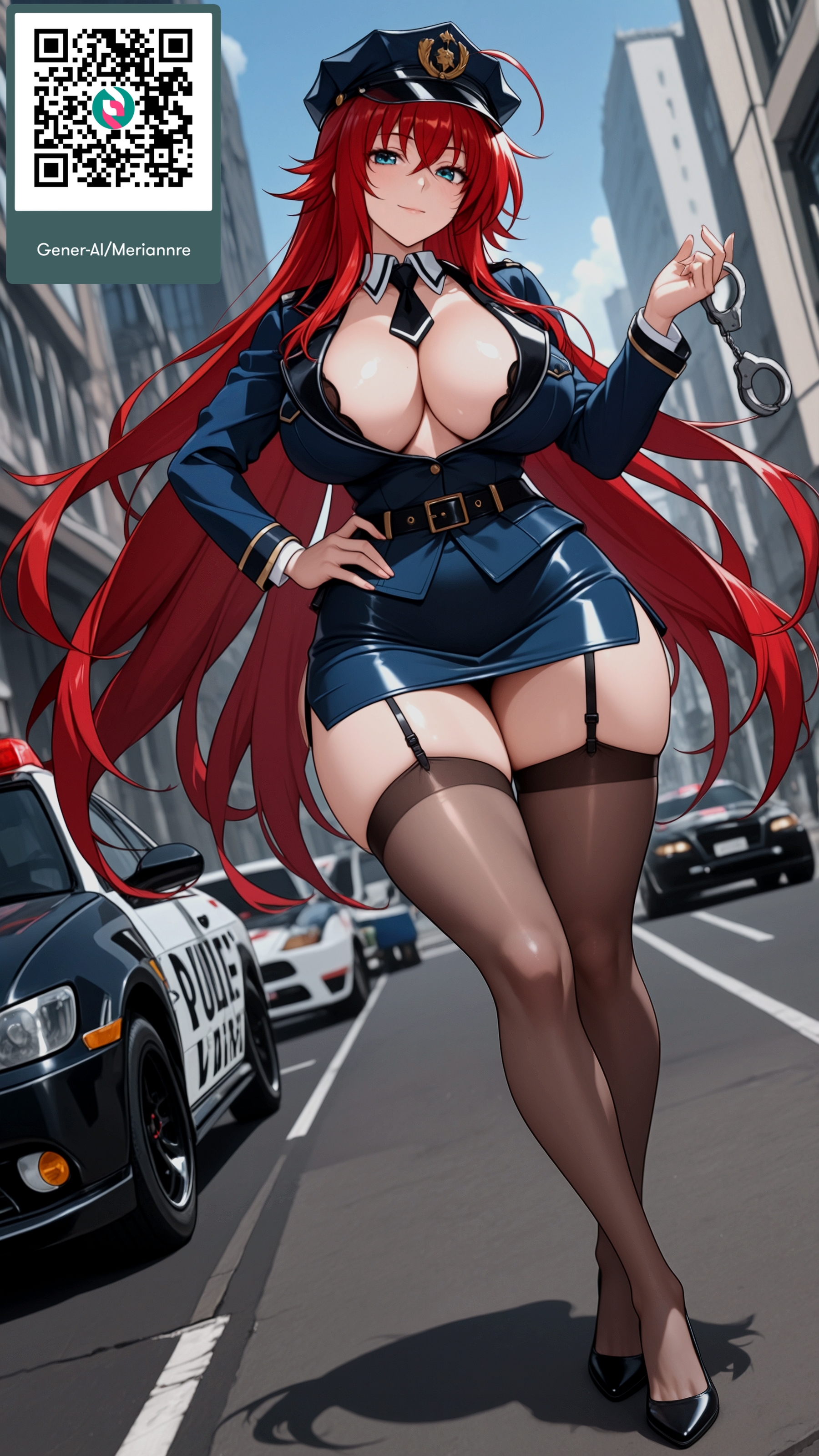 ahoge, ai generated, alternate costume, belt, black belt, black bra, black footwear, black necktie, black thighhighs, blue eyes, blue jacket, blue skirt, bra, breasts, car, cleavage, closed mouth, cuffs, female, female only, full body, garter straps, gener-ai, hair between eyes, hand on own hip, handcuffs, hat, high heels, high school dxd, holding, jacket, large breasts, long hair, long sleeves, looking at viewer, miniskirt, motor vehicle, necktie, outdoors, panties, pencil skirt, police, police hat, police uniform, policewoman, qr code, red hair, rias gremory, skindentation, skirt, smile, solo, standing, thighhighs, thighs, underwear, uniform, very long hair