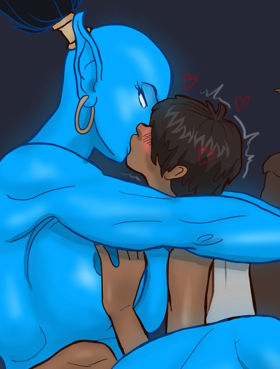 1boy, 1futa, aladdin, big breasts, big penis, breasts, cling, futa on male, futa/male, futanari, genie, hug, intersex, larger futa, male, penis, questionable consent, rubberpistol