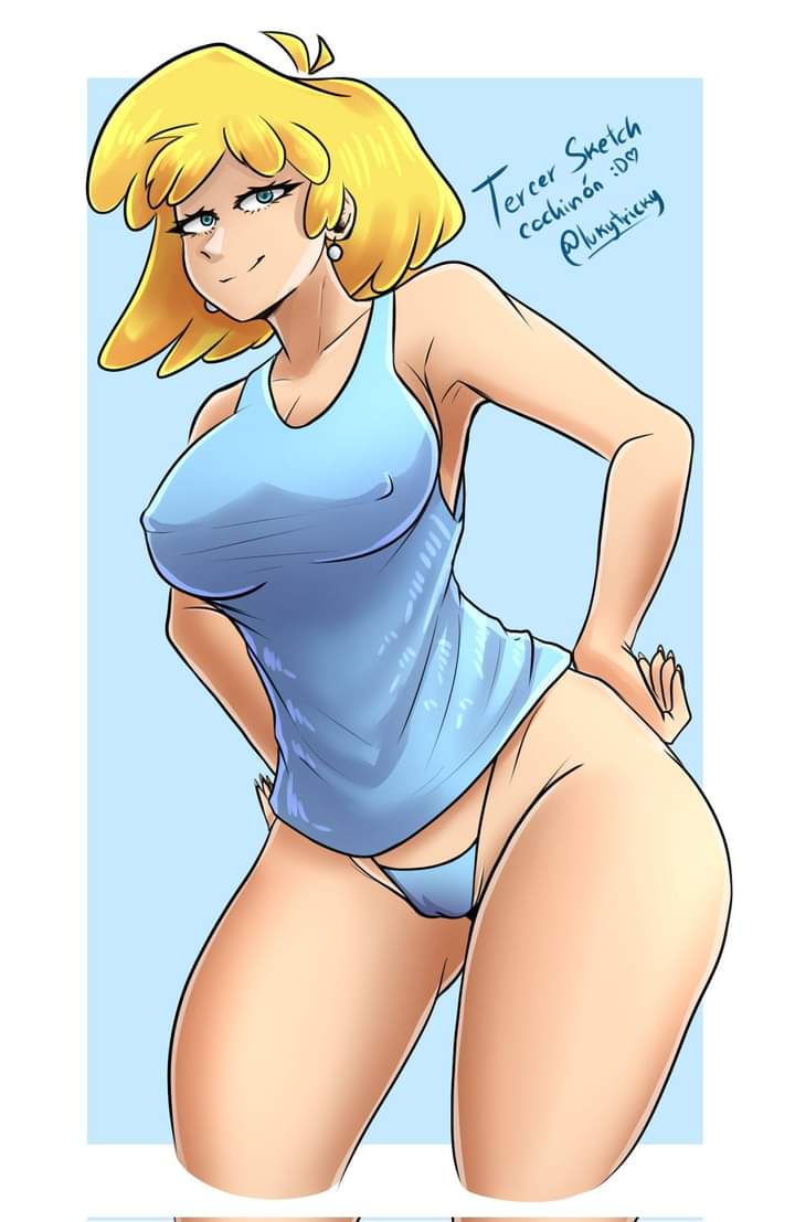 ass, big ass, big breasts, blonde hair, blue eyes, blue panties, blue shirt, blue tank top, blue thong, blue top, blue topwear, blue underwear, breasts, female, female only, hand on hip, large ass, large breasts, lori loud, nipples, nipples visible through clothing, no bra, no bra under clothes, panties, plukytricky, shirt, short hair, smile, smiling, tank top, the loud house, thigh highs, thighhighs, thighs, thong, top, topwear, underwear, wide hips