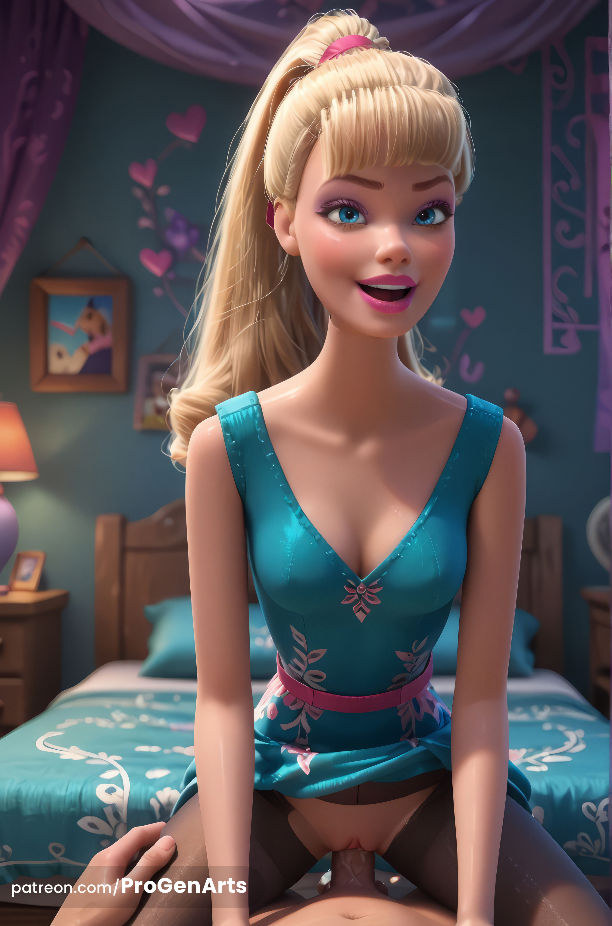 1boy, 1boy1girl, 1girls, ai generated, barbara millicent roberts, barbie (franchise), bed, bedroom, black pantyhose, blonde hair, blue dress, blue eyes, blurry, breasts, cleavage, clothed female nude male, clothed sex, collarbone, cowgirl position, disney, dress, female, heart, hi res, indoors, lips, long hair, looking at viewer, makeup, medium breasts, no panties, on bed, open mouth, pantyhose, penis, pink scrunchie, pixar, ponytail, pov, progenarts, pussy, realistic, sex, sleeveless, sleeveless dress, smile, solo focus, straddling, straight, torn clothes, torn pantyhose, toy story, toy story 2, uncensored, vaginal penetration, vaginal sex, watermark, web address