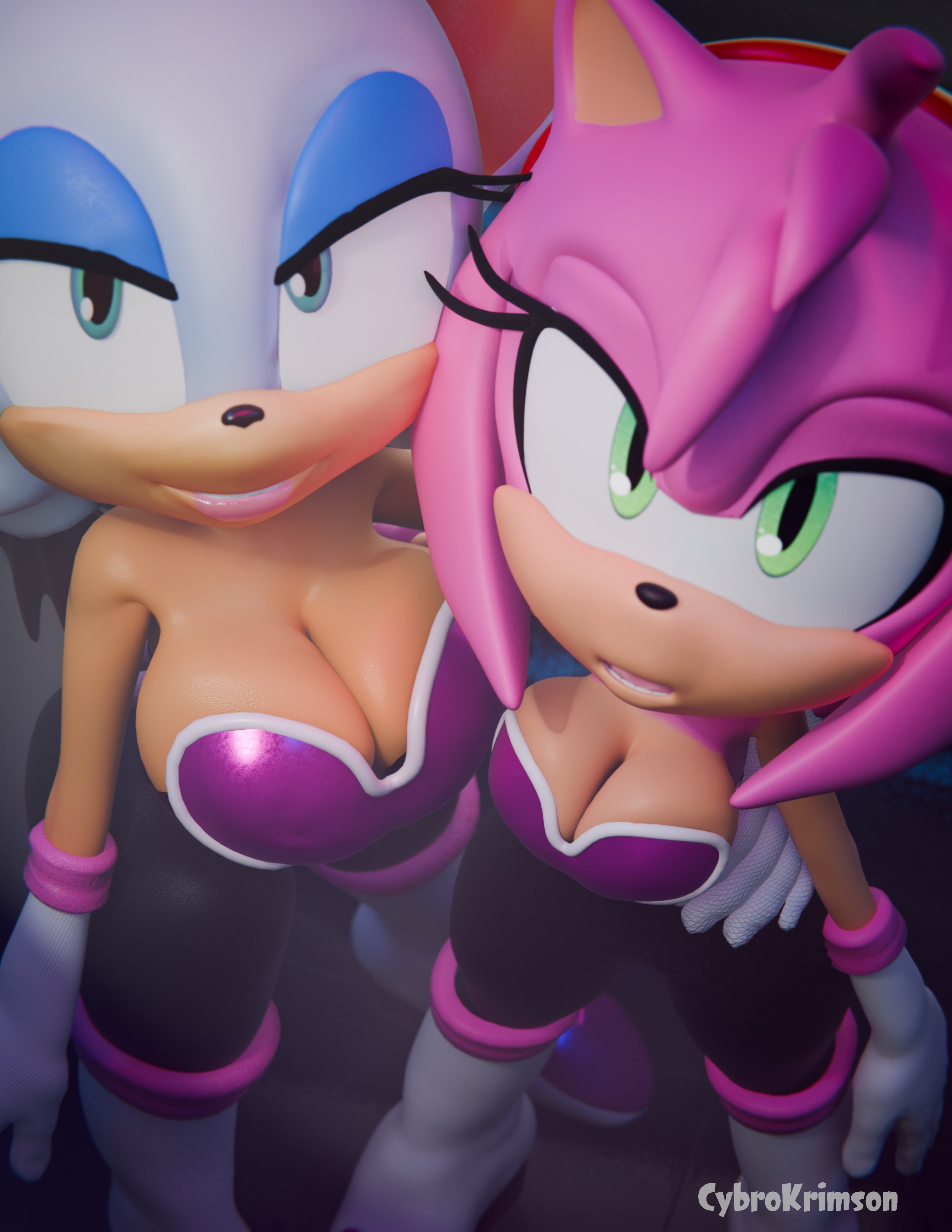 2girls, 3d, amy rose, bodysuit, breasts, cybrokrimson, neckline, rouge the bat, rouge the bat (cosplay), sonic (series), sonic the hedgehog (series), spandex suit, voluptuous female