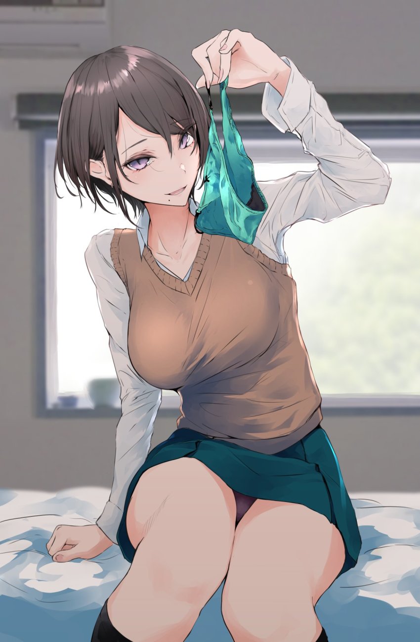 1girls akiyama_cz4a bed bedroom breasts brown_hair female green_panties highres holding holding_clothes holding_panties holding_underwear large_breasts original panties short_hair sitting skirt solo sweater_vest turquoise_panties underwear window