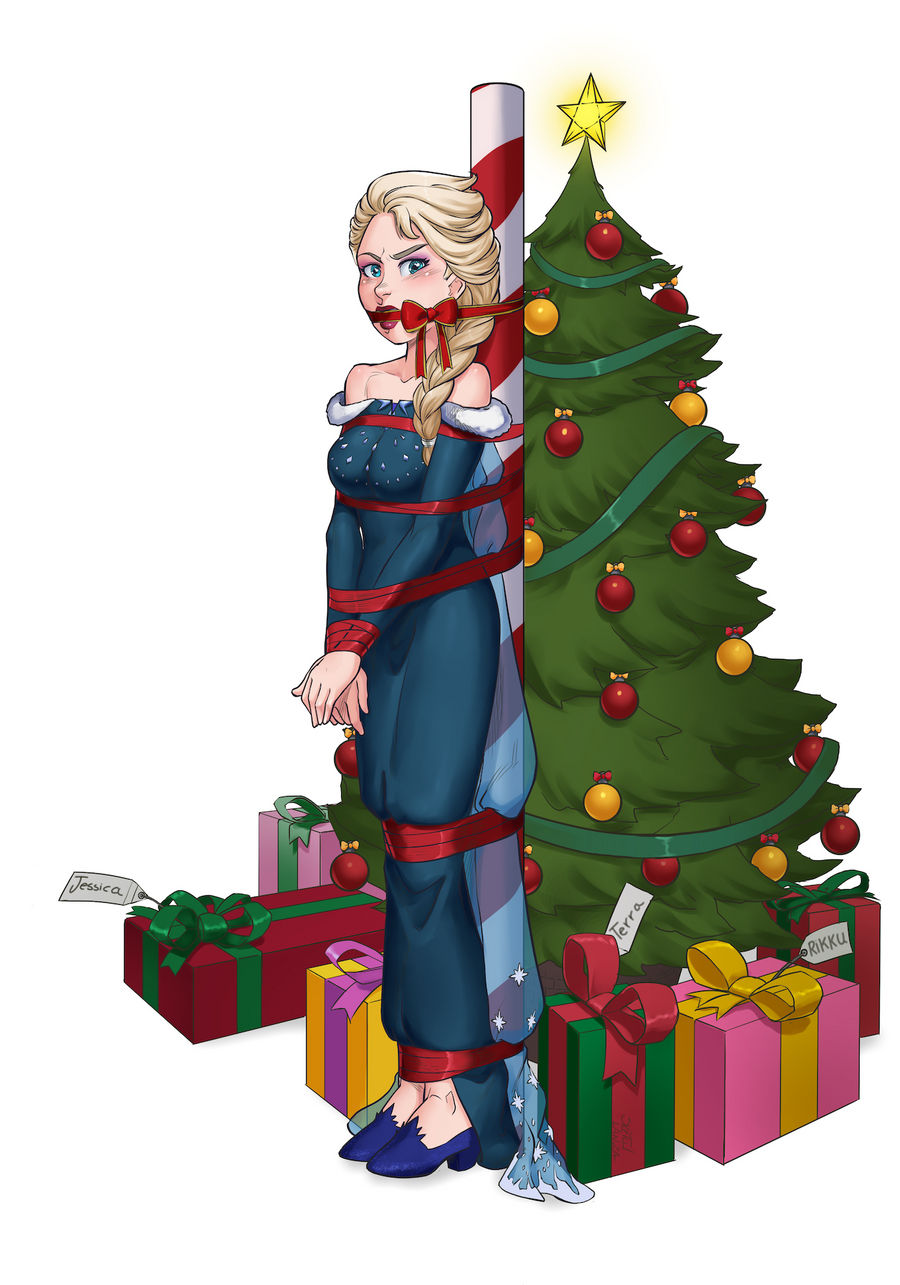 blonde_hair blue_eyes bondage bound_ankles bound_arms bound_legs bound_wrists candy_cane christmas_tree disney elsa_(frozen) frozen_(film) gag gagged looking_at_viewer ribbon_bondage ribbon_gag source_request thunkstudio tied_to_pole