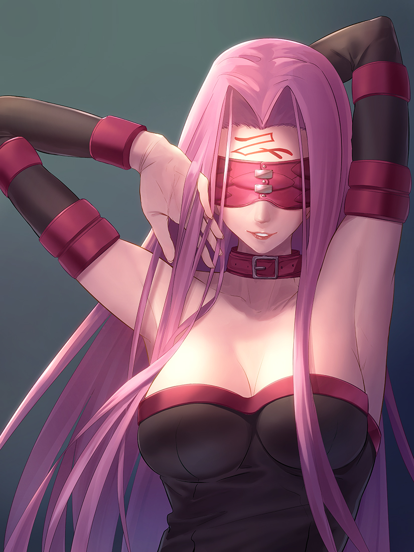 armpits blindfold covered_eyes facial_mark fate/stay_night fate_(series) female forehead forehead_mark long_hair medusa_(fate) medusa_(rider)_(fate) minami_koyogi simple_background smile very_long_hair