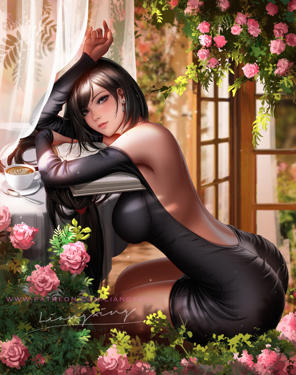 arms_on_table artist_name asymmetrical_bangs backless_dress backless_outfit bangs bare_shoulders black_dress black_hair book breasts brown_eyes brown_legwear bush coffee commentary cup dress drop_earrings earrings female final_fantasy final_fantasy_vii final_fantasy_vii_remake flower from_side head_rest highres jewelry large_breasts liang_xing lips long_hair long_sleeves looking_at_viewer low-tied_long_hair mug open_book pantyhose parted_lips patreon_username pink_flower plate red_eyes sideboob signature simple_background sitting solo spoon tifa_lockhart