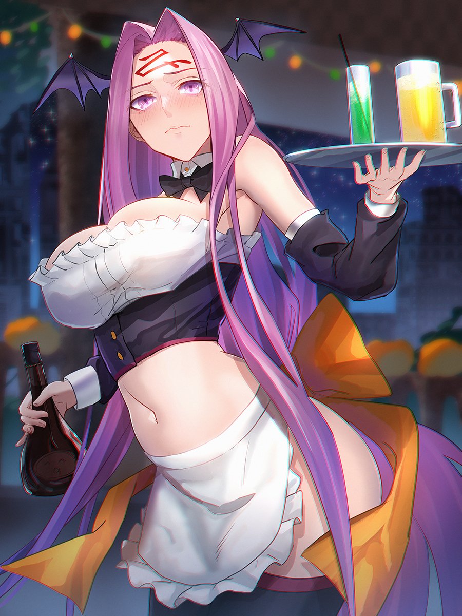 apron bangs bare_shoulders black_legwear black_thighhighs breasts cleavage collar cup drinking_glass facial_mark fate/stay_night fate_(series) female forehead forehead_mark head_wings highres large_breasts long_hair looking_at_viewer medusa_(fate) medusa_(rider)_(fate) minami_koyogi parted_bangs purple_eyes purple_hair sidelocks thighhighs tray very_long_hair waist_apron