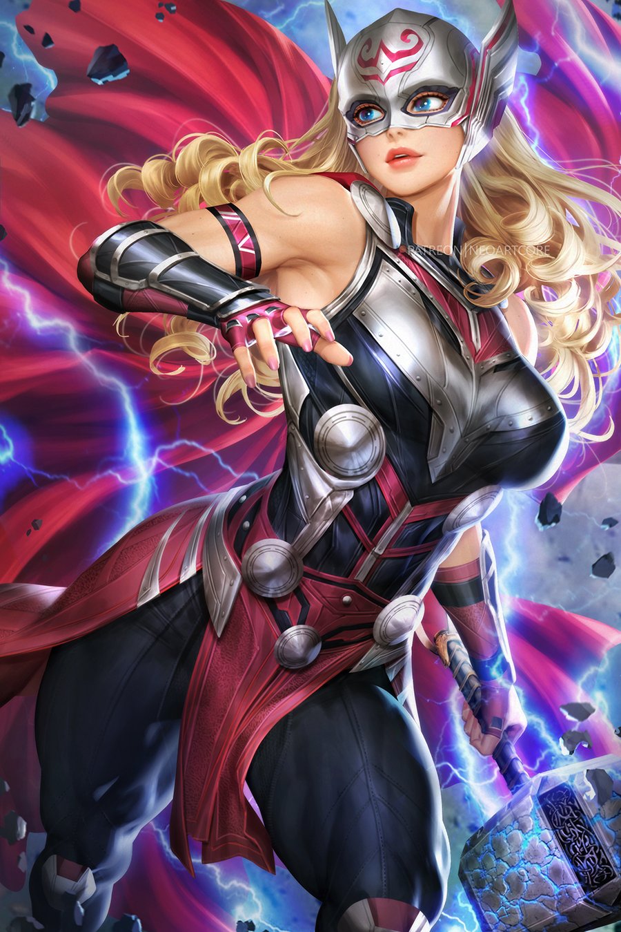 1girls absurd_res ass_visible_through_thighs blonde_female blonde_hair blue_eyes breasts cape female female_only helmet hi_res jane_foster lady_thor large_breasts lightning looking_at_viewer marvel marvel_comics mjolnir neoartcore solo thighhighs thighs thor:_love_and_thunder thor_(series) wide_hips